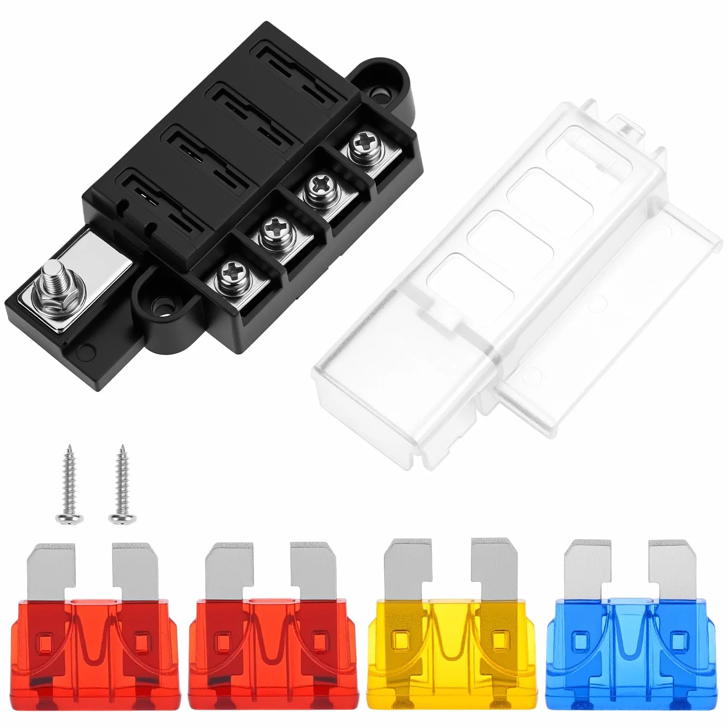 QWORK® 4 bezpieczniki, skrzynka bezpiecznikowa 12 V z 4 bezpiecznikami i śrubami, do samochodu, łodzi, ciężarówki i kampera