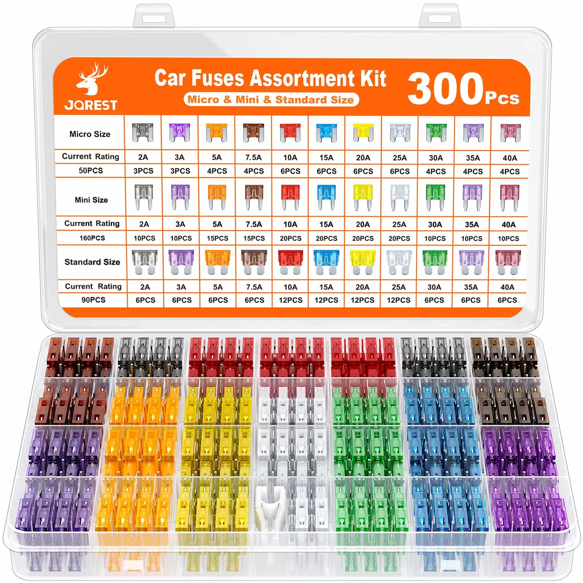 JOREST zestaw różnych bezpieczników samochodowych 300 szt., 160 mini bezpieczników samochodowych + 90 standardowych bezpieczników automatycznych + 50 mikro bezpieczników + chwytak do bezpieczników –