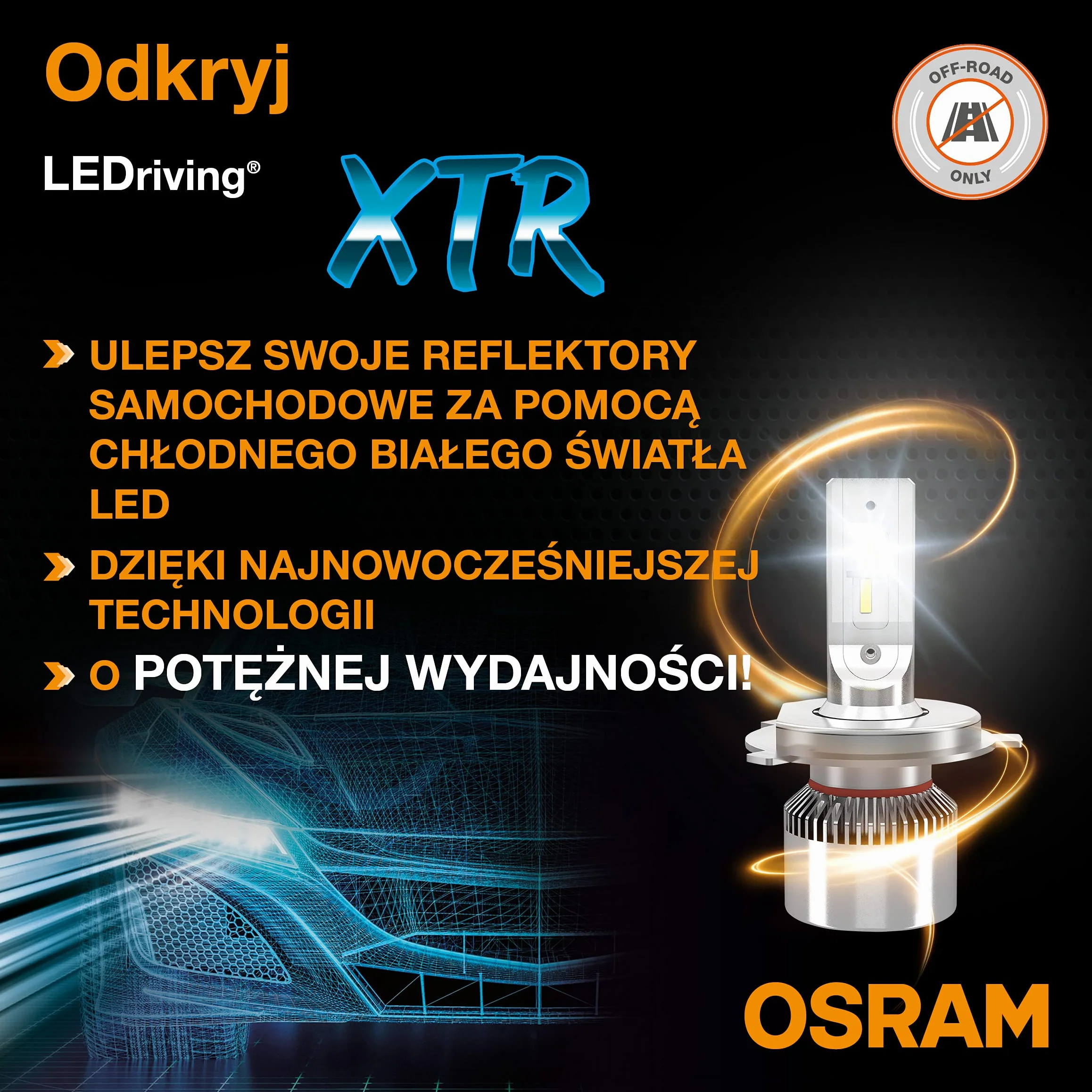 OSRAM LEDriving XTR, reflektory LED ≜H7 LED, zimne białe światło LED, tylko w terenie, 64210DWXTR, składane pudełko kartonowe (2 lampy)