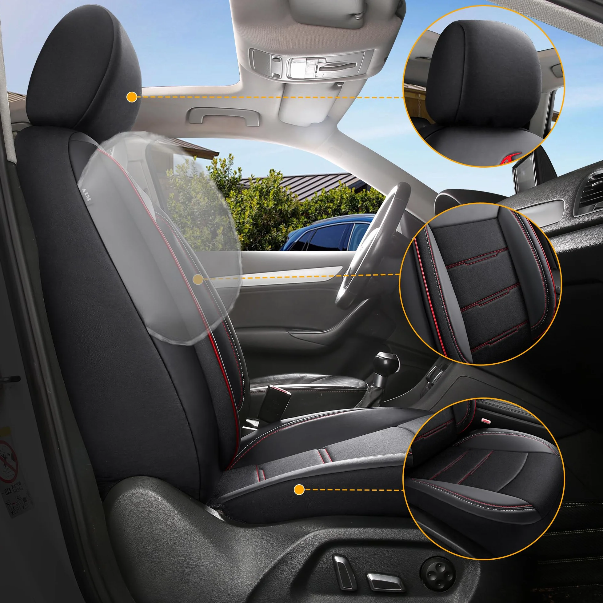 Pokrowce na siedzenia samochodowe kompatybilne z Renault Megane 3 2008-2016, zestaw 2 sztuk, seria AIE, AIE401, czarne, z czerwonymi szwami
