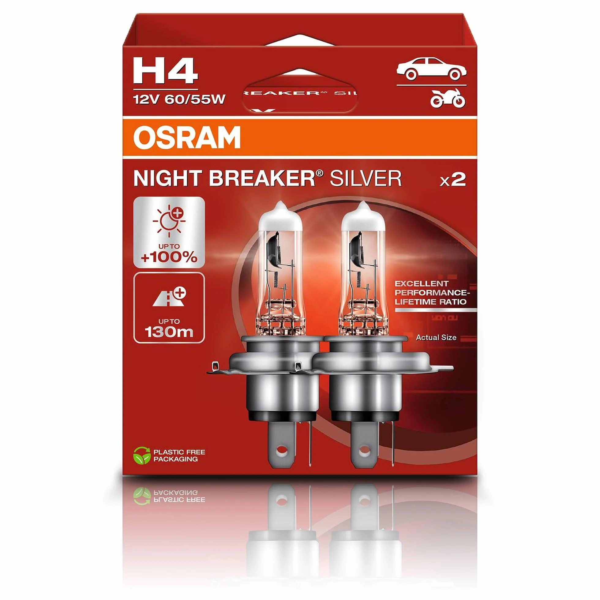 OSRAM NIGHT breaker SILVER, H4, reflektory halogenowe, składane pudełko wiszące (2 lampy)