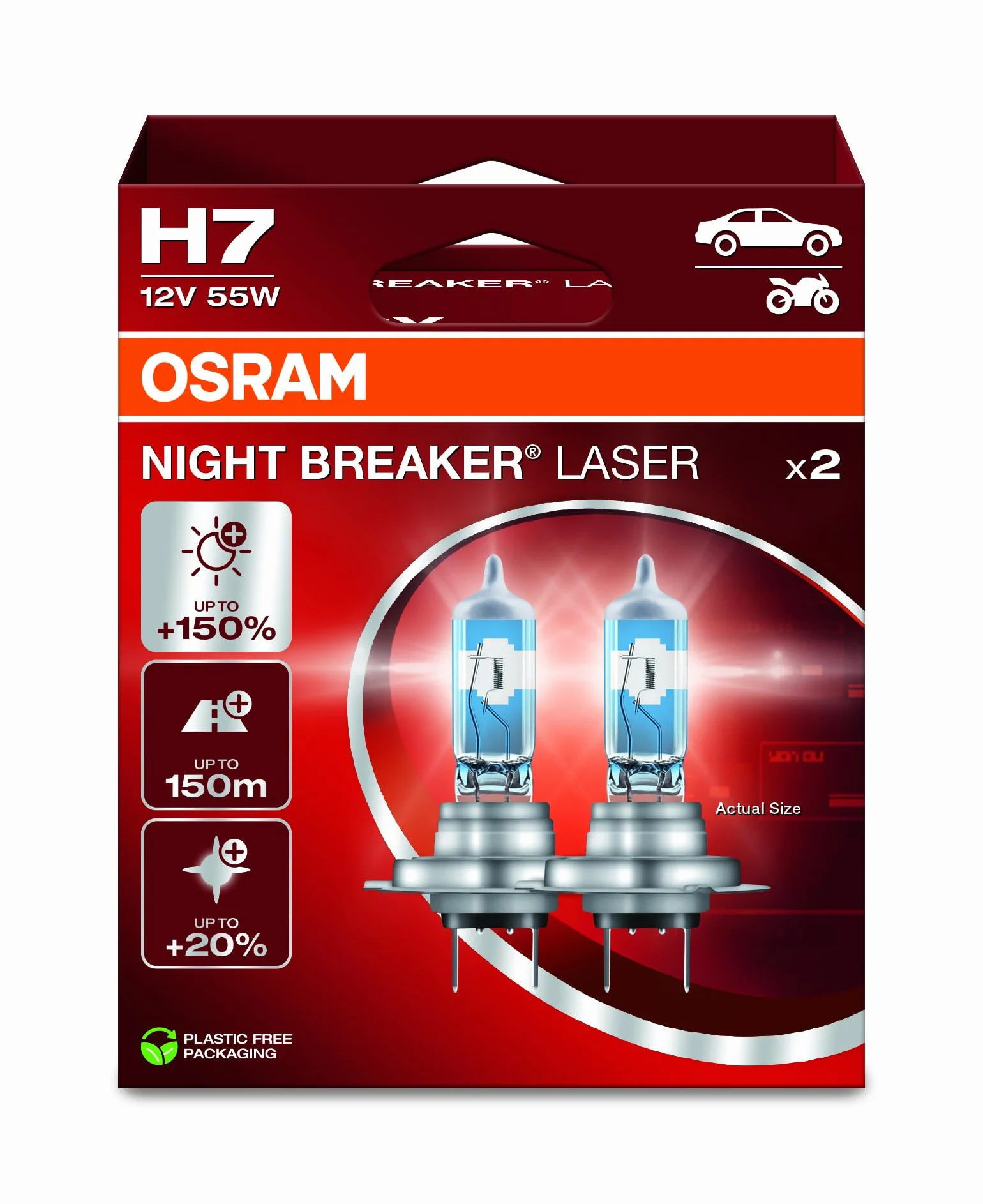 OSRAM NIGHT breaker LASER H7, +150% większa jasność, halogenowa lampa czołowa, 64210NL-2HB, 12V, składane pudełko wiszące (2 lampy)