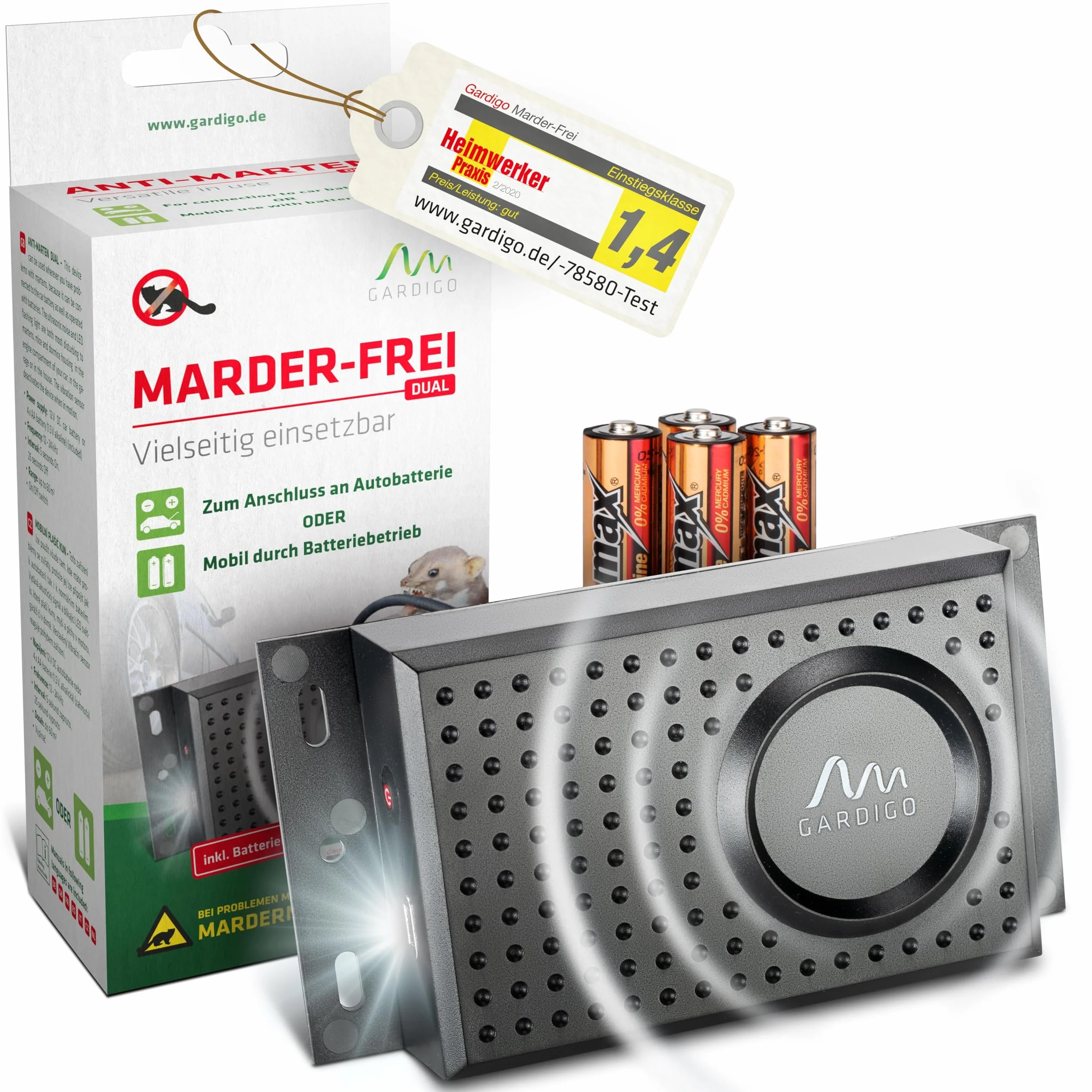 Podwójny akumulator Gardigo bez kuny z baterią | Mobilny odstraszacz kuny na samochód, garaż, strych | Możliwość podłączenia do akumulatora samochodowego lub pracy na akumulatorze