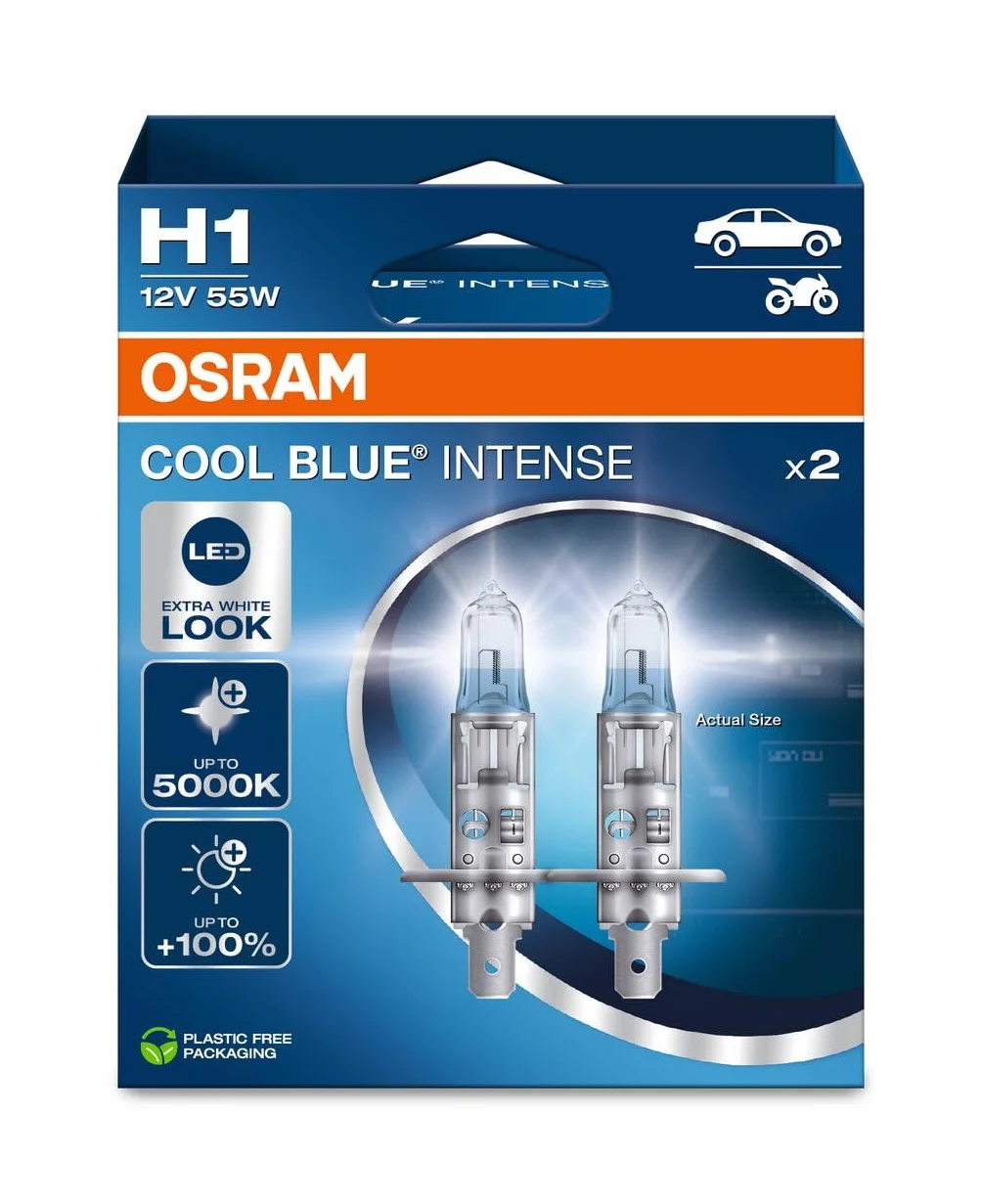 OSRAM COOL BLUE INTENSE H1, +100% più luminosa, fino a 5000K, lampada alogena, look LED, box duo (2 lampade)
