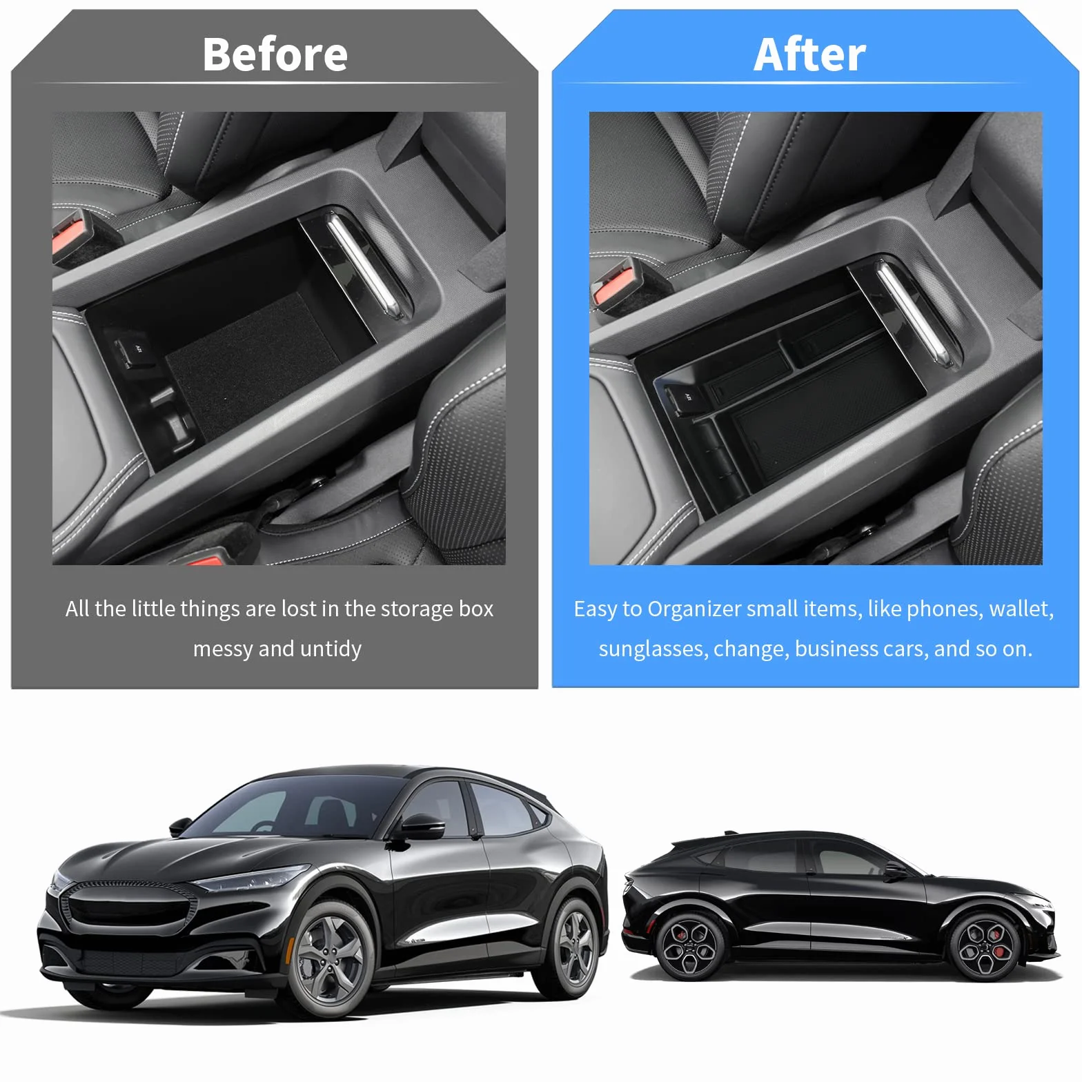 YEE PIN Pudełko do przechowywania kompatybilne z Ford Mustang Mach-E 2021-2023, organizer do konsoli środkowej, organizer na podłokietniki, akcesoria, z matą antypoślizgową (czarny)