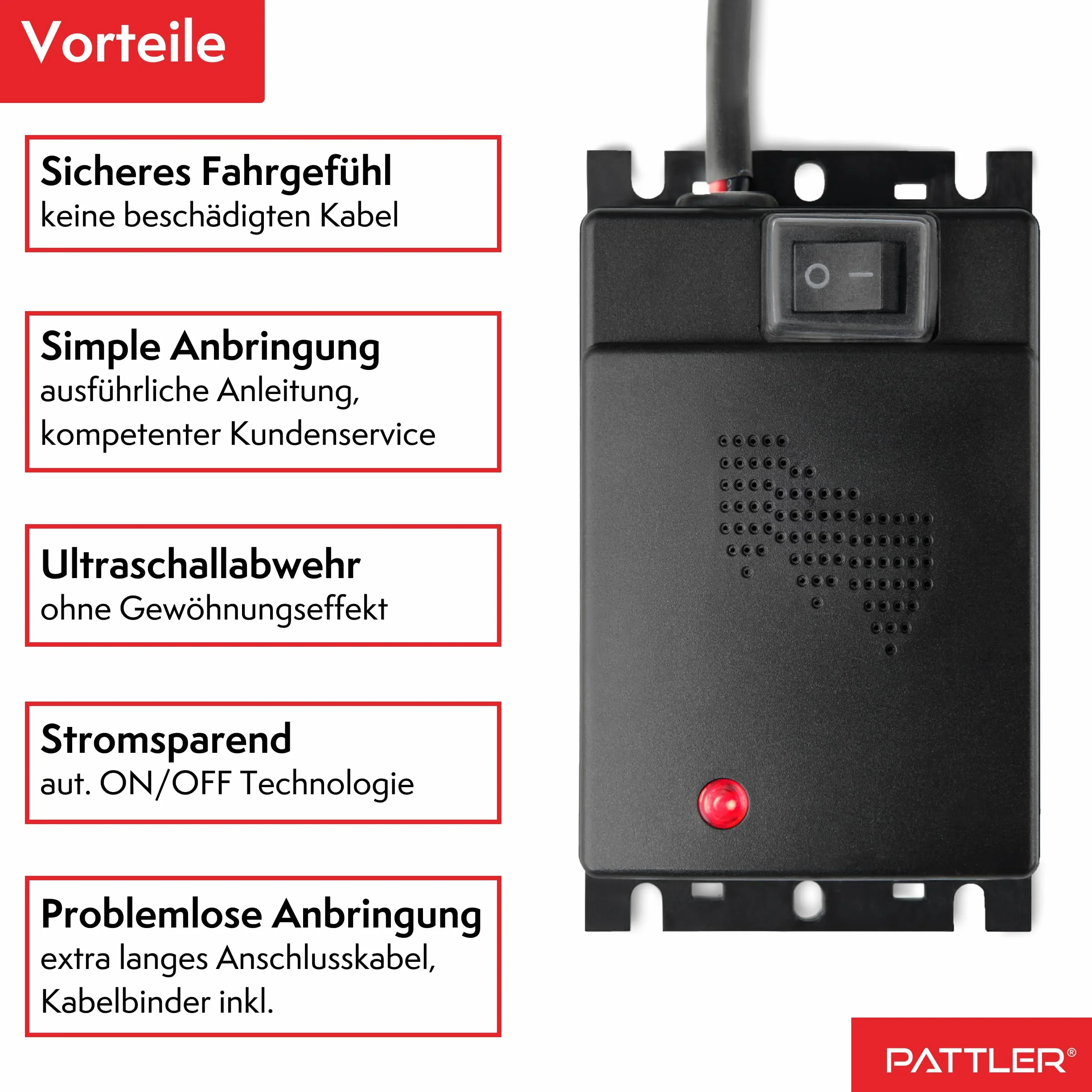 PATTLER® Samochodowy odstraszacz kun - ultradźwiękowy odstraszacz kun. Podłączenie do akumulatora samochodowego 12 V. Natychmiastowa i długotrwała ochrona przed kunami w komorze silnika