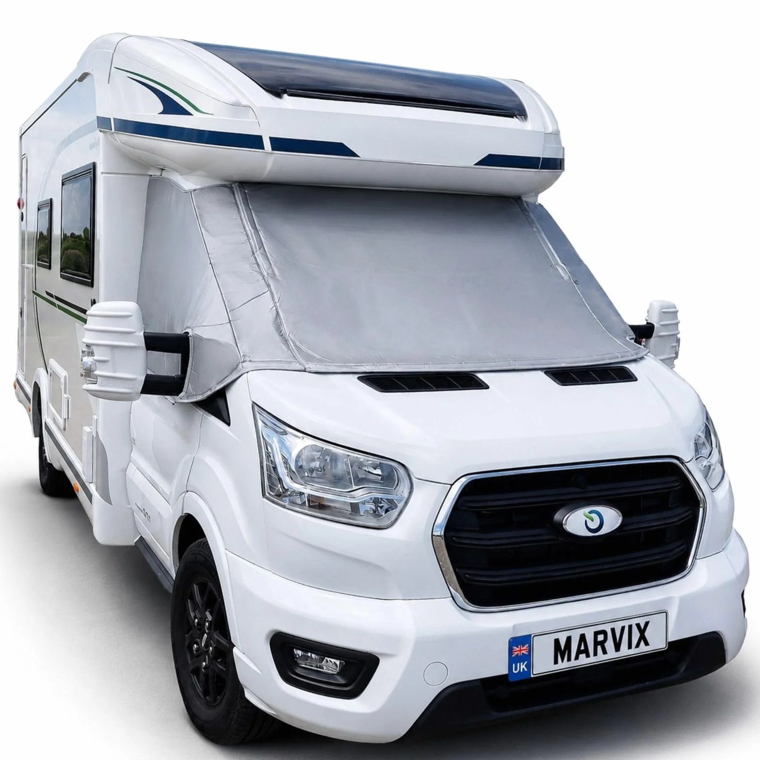 Mata Termiczna Izolacyjna Zewnętrzna na Przednią Szybę do Kampera Wykonana z 8 mm Wielowarstwowego Materiału Przeznaczona do Samochodu Ford Transit wyprodukowanego po 2015 roku.
