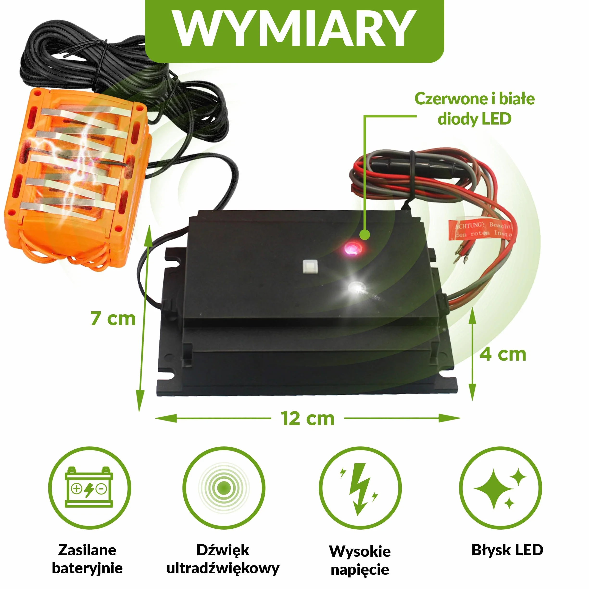 ISOTRONIC® Ultradźwiękowy i wysokonapięciowy odstraszacz myszy, szczurów i kun, 12V zasilany z akumulatora samochodowego, migające światło LED do odstraszania kun, ochrona przed myszami i szczurami do