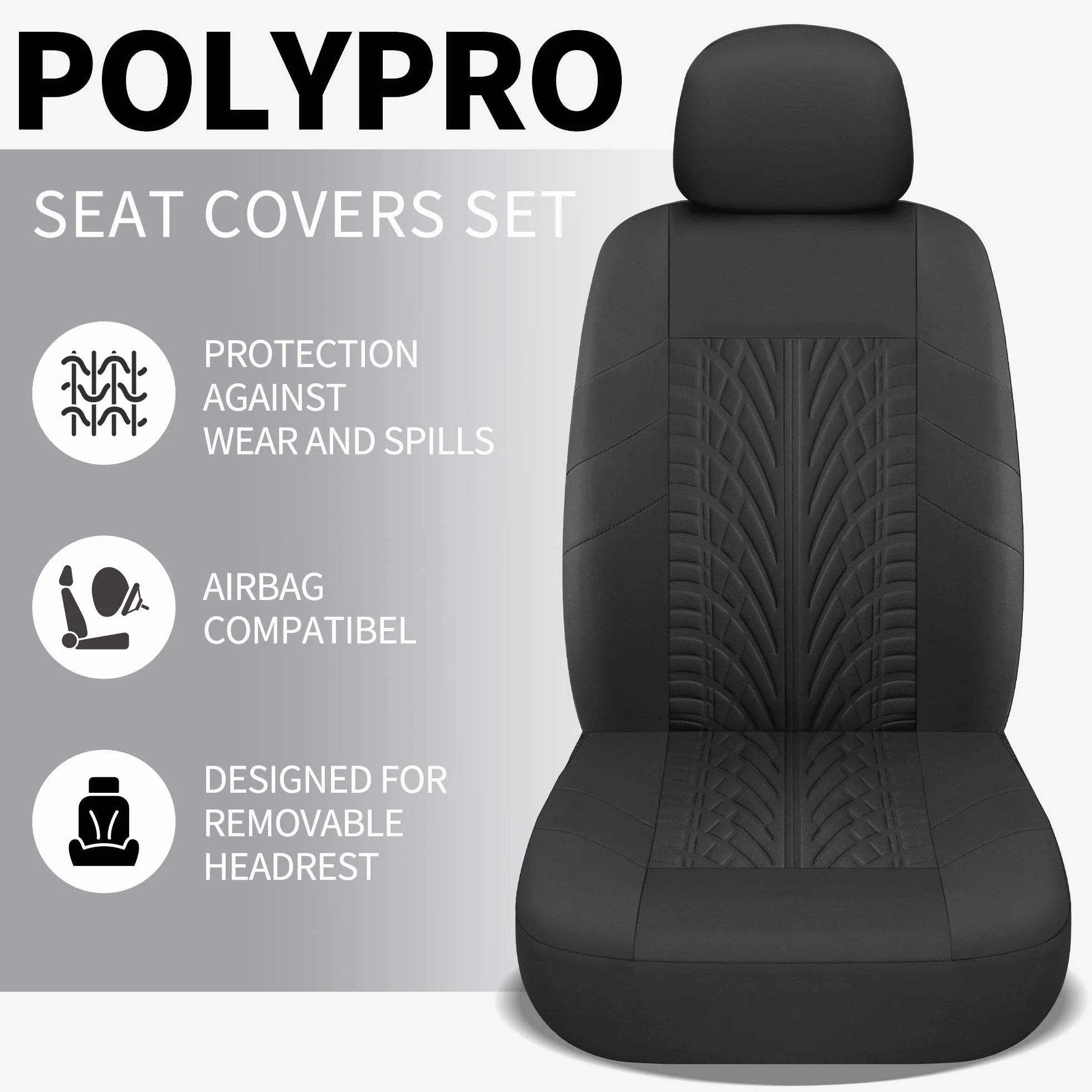 VarCozy Komplet pokrowców na fotele, przednie i dzielona kanapa, uniwersalne, materiałowe, do SUV-a, sedana, vana, kompatybilne z poduszkami, czarne (VC-01-B5)