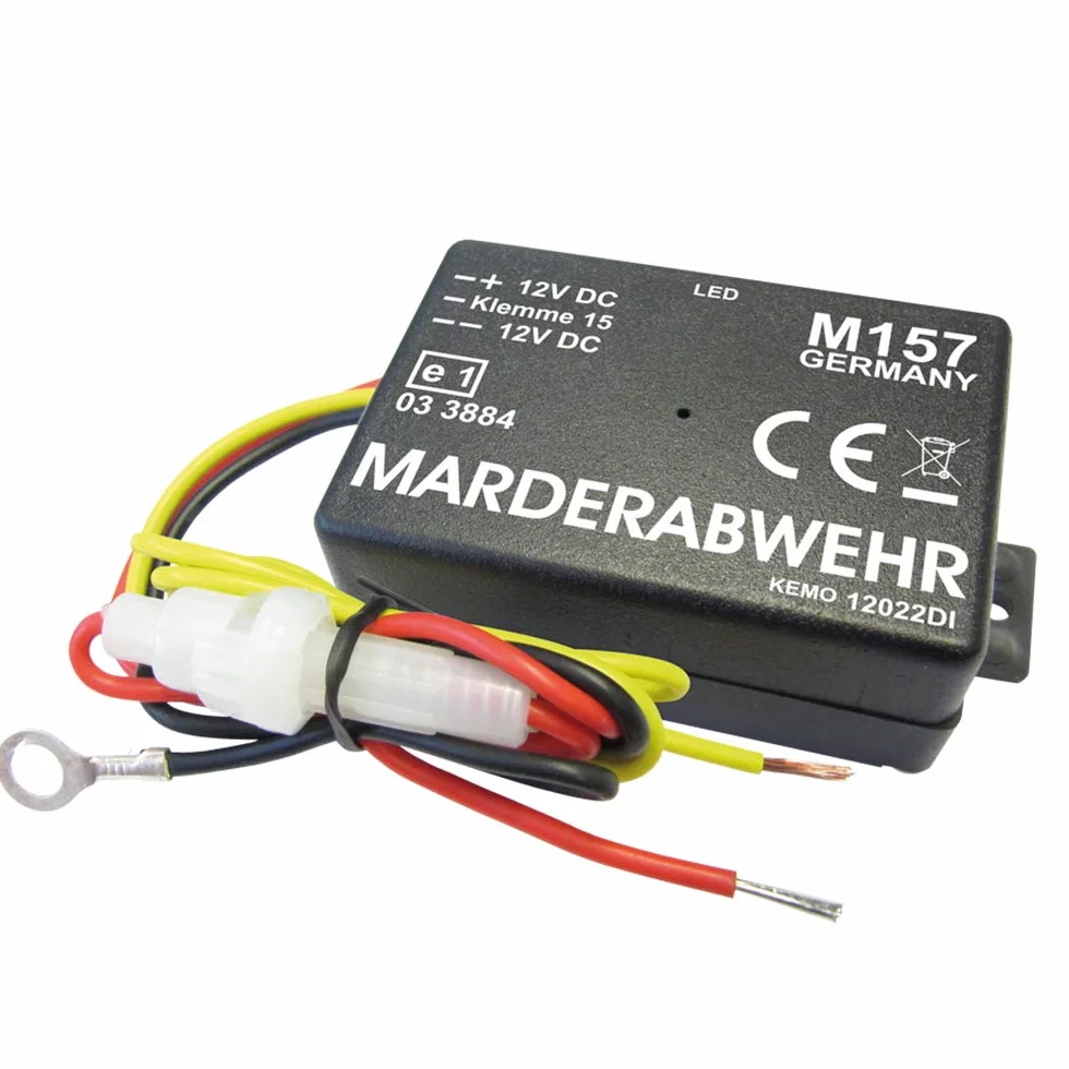 Kemo M157 odstraszacz kun z krzykliwymi, wysokimi impulsami dźwiękowymi ok. 12 kHz. Odstrasza kuny z samochodów, garaży. Automatyczne włączanie w przypadku zaparkowanego samochodu