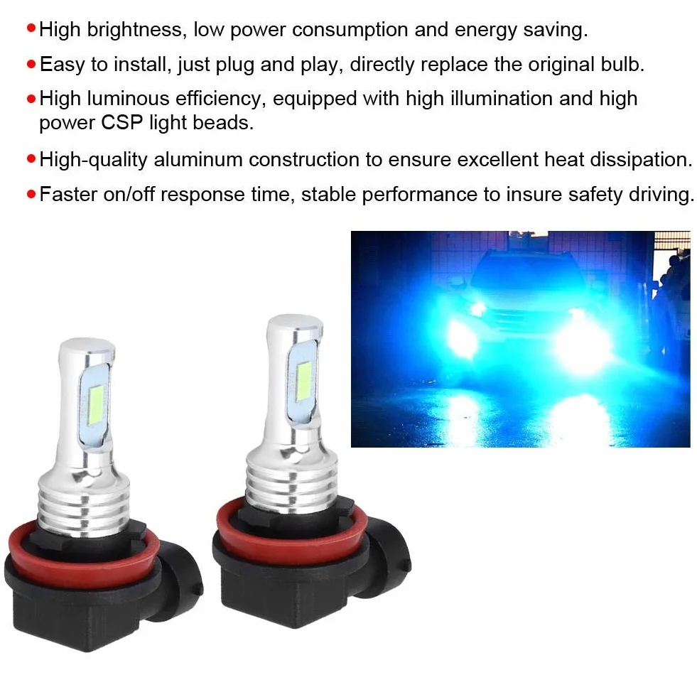 Tbest Żarówka LED przeciwmgielna, 2 szt. H8/H11 80 W 8000K Ice Blue12-24 V uniwersalna żarówka przeciwmgielna