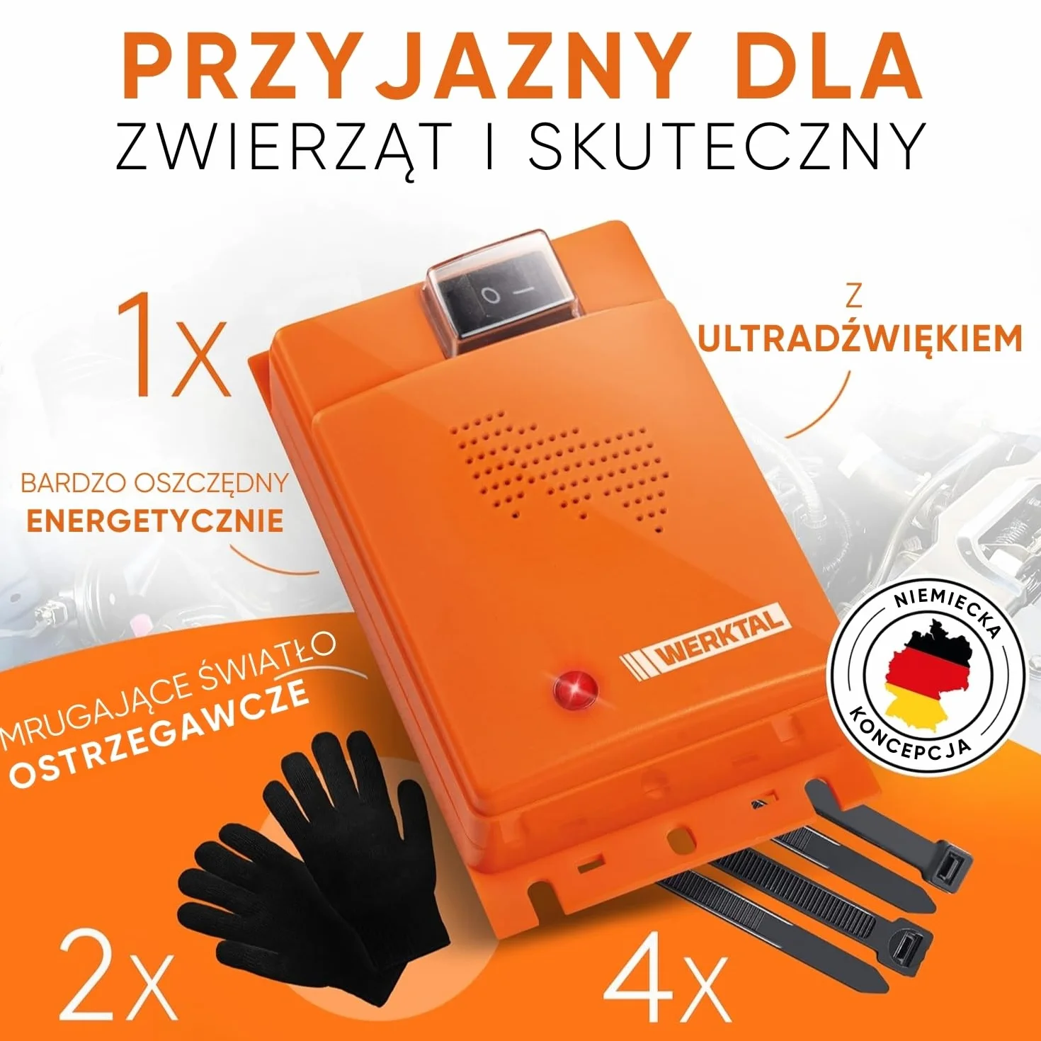 WERKTAL Samochodowy odstraszacz kun, ochrona przed kunami z ultradźwiękami i lampą błyskową (akumulatory samochodowe), automatyczny, trwała ochrona przed kunami w komorze silnikowej