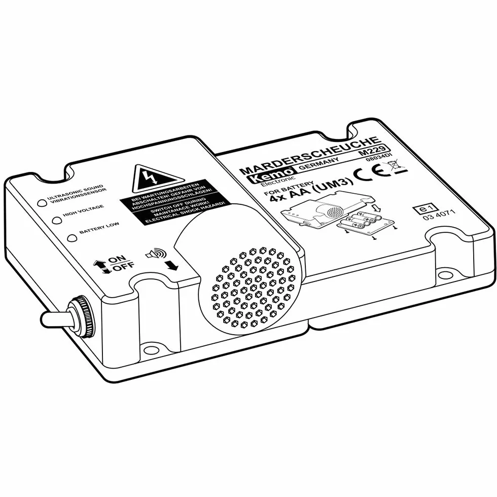 Kemo M229 odstraszacz kun na baterie samochodowe z płytkami kontaktowymi plus minus. Elektrowstrząs, dźwięki wysokiej częstotliwości i migające diody LED. Niezależny od sieci pokładowej. Z czujnikiem