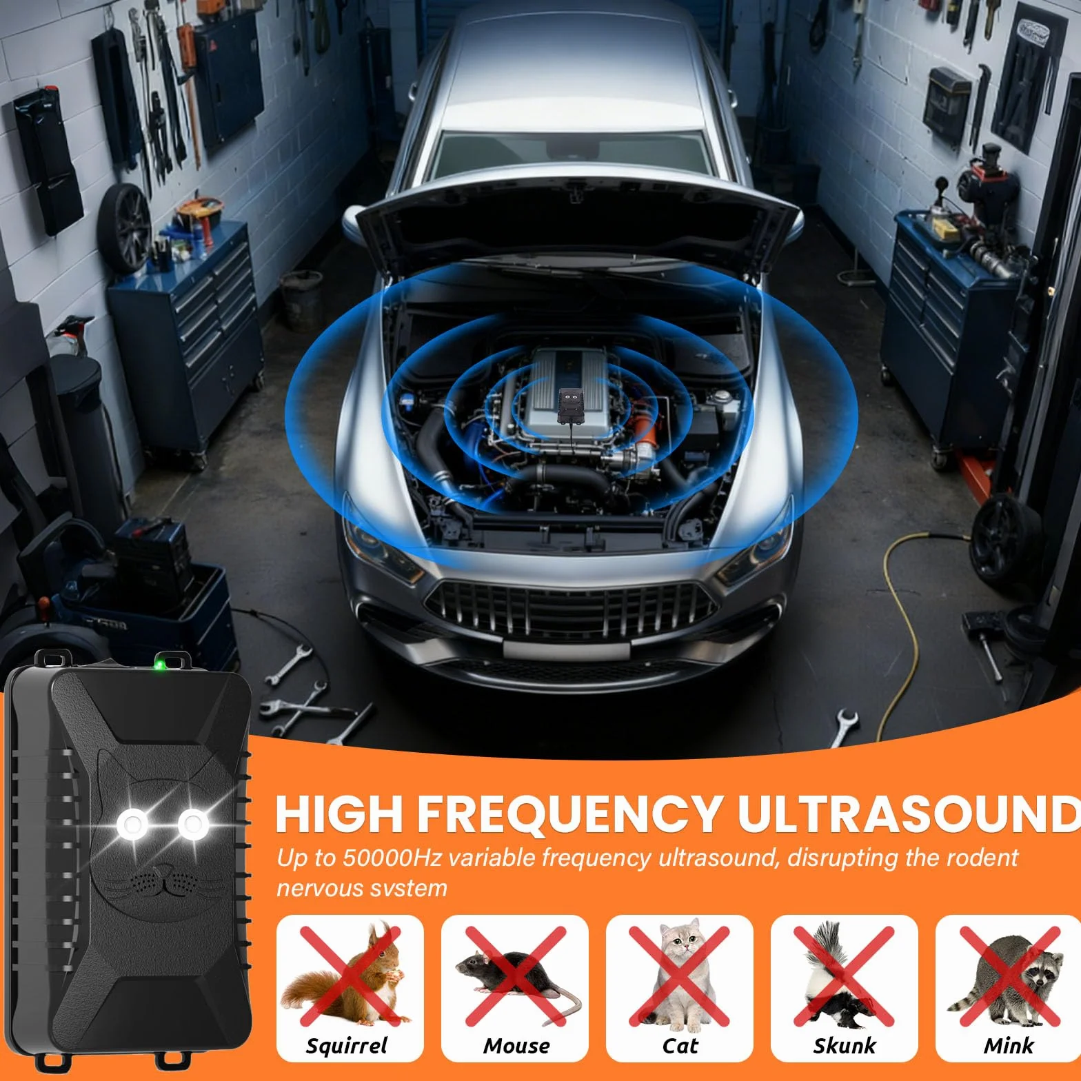 Marderschreck Batteriebetrieben, Ultradźwiękowa ochrona przed myszami, Maderschrecker Auto z czujnikiem, Marderschreck dla pomieszczenia silnikowego, garaż, dach