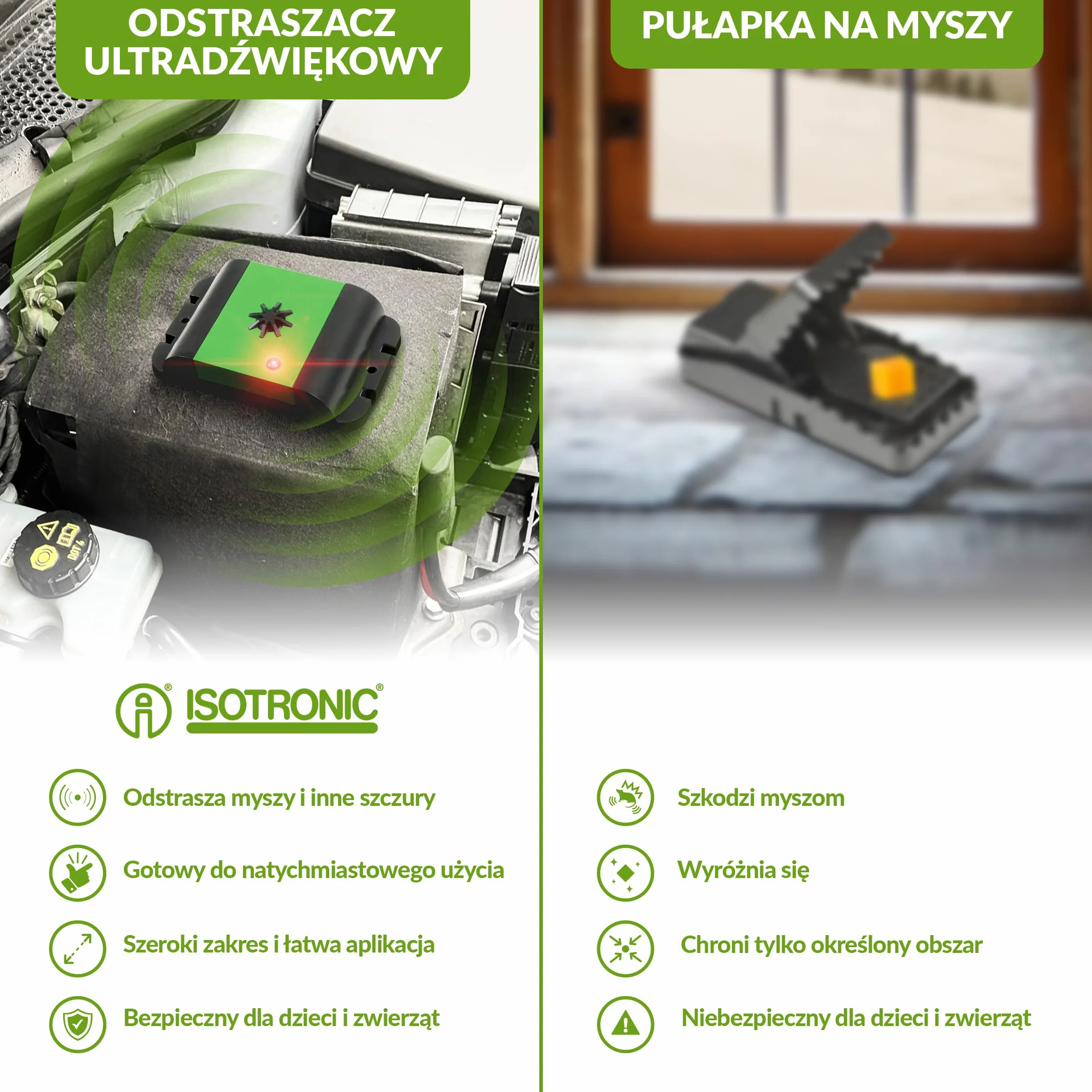 ISOTRONIC® Odstraszacz kuny do ochrony samochodu, poddasza i piwnicy, ultradźwiękowy odstraszacz kunów, bez pułapki, łatwa instalacja i długotrwały efekt