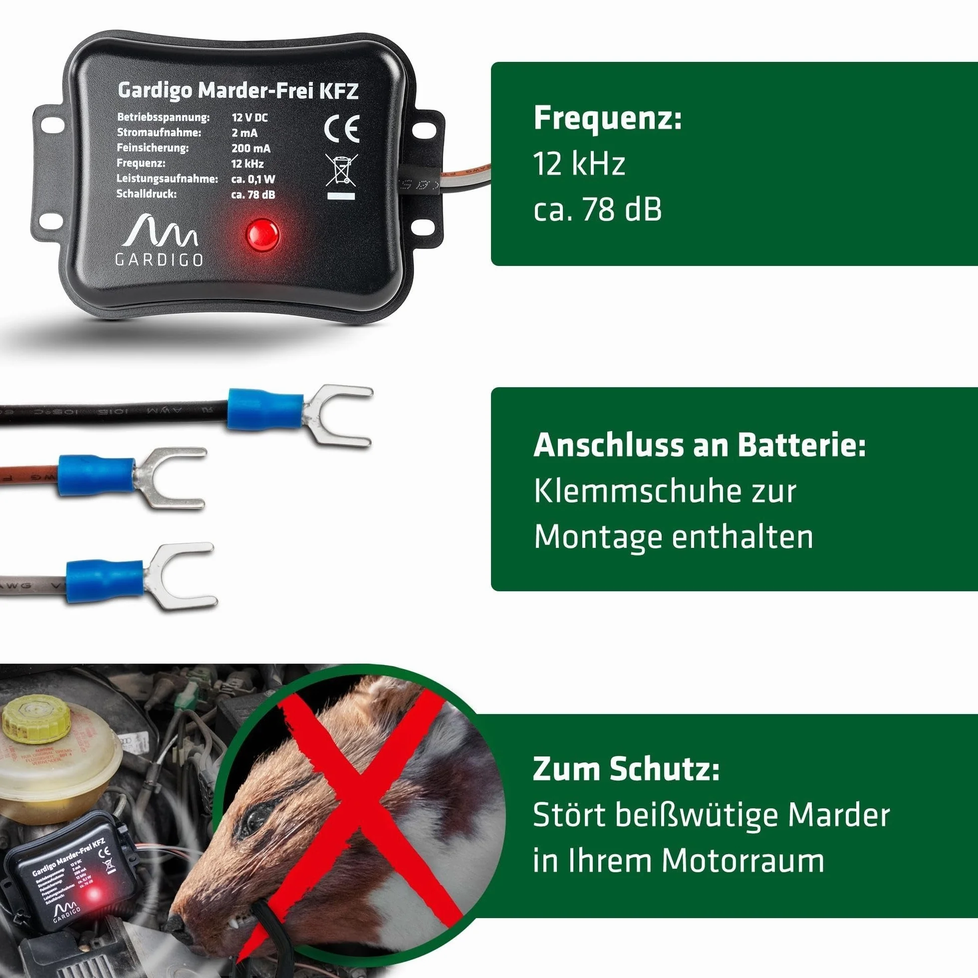 Gardigo Odstraszacz Kun do Samochodu Marder-Frei | 25 Lat Doświadczenia Ochrona Samochodu przed Kunami | Podłączenie do 12V Akumulatora Samochodowego | Ochrona Samochodu przed Kunami | Odstraszanie