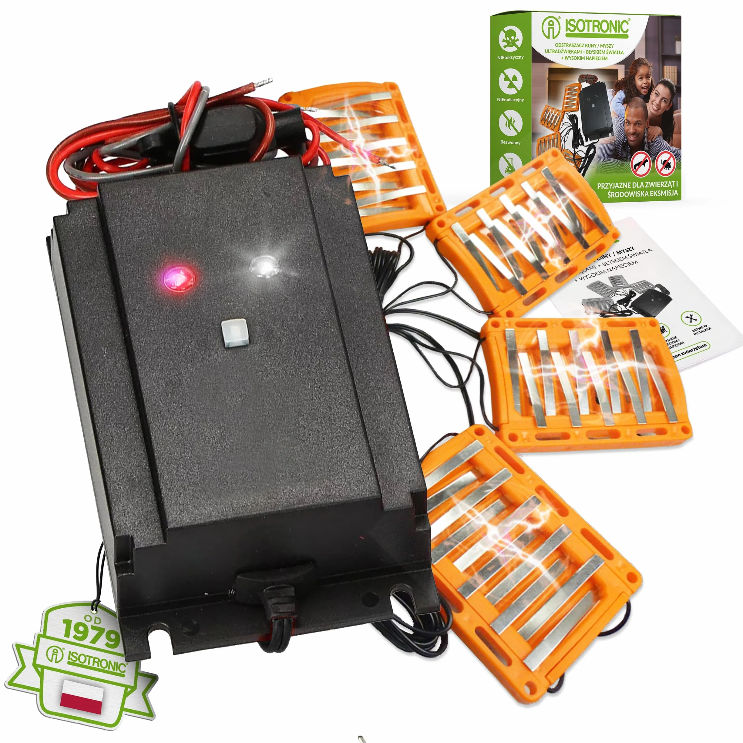 ISOTRONIC® Ultradźwiękowy i wysokonapięciowy odstraszacz myszy, szczurów i kun, 12V zasilany z akumulatora samochodowego, migające światło LED do odstraszania kun, ochrona przed myszami i szczurami do