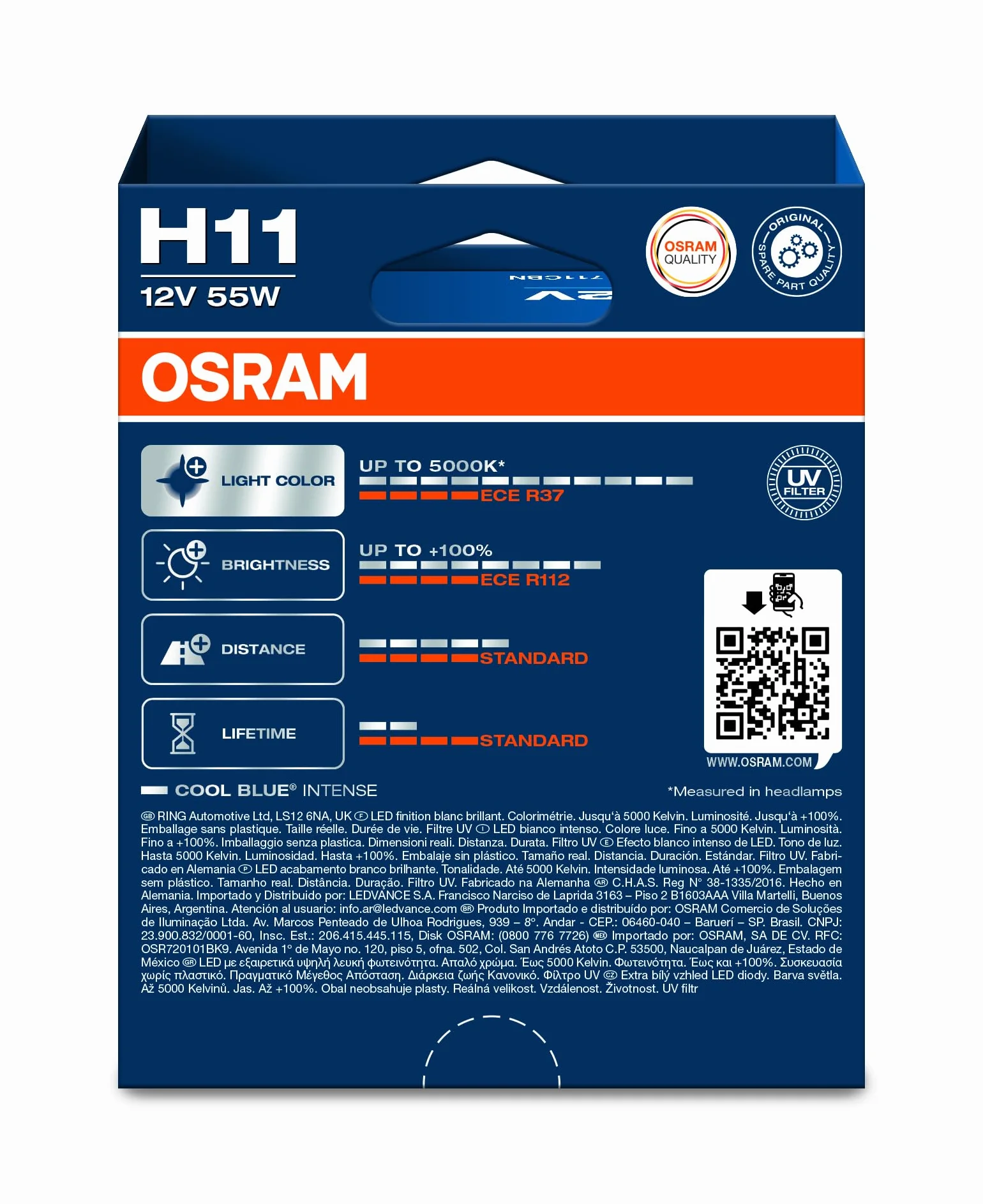 OSRAM COOL BLUE INTENSE H11, +100% più luminosa, fino a 5000K, lampada alogena, look LED, duo box (2 lampade)