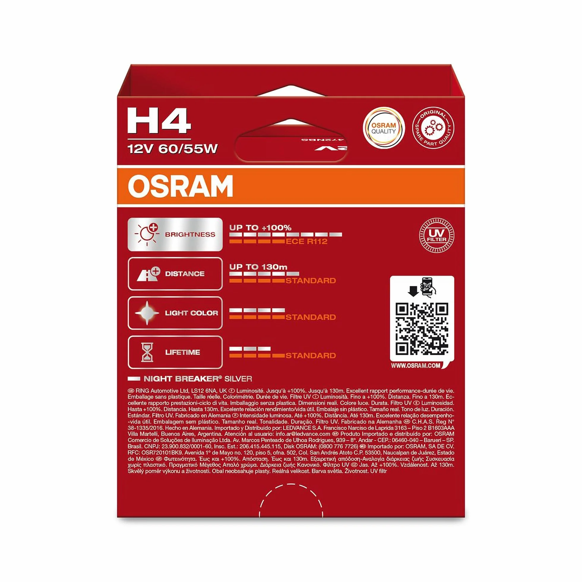 OSRAM NIGHT breaker SILVER, H4, reflektory halogenowe, składane pudełko wiszące (2 lampy)