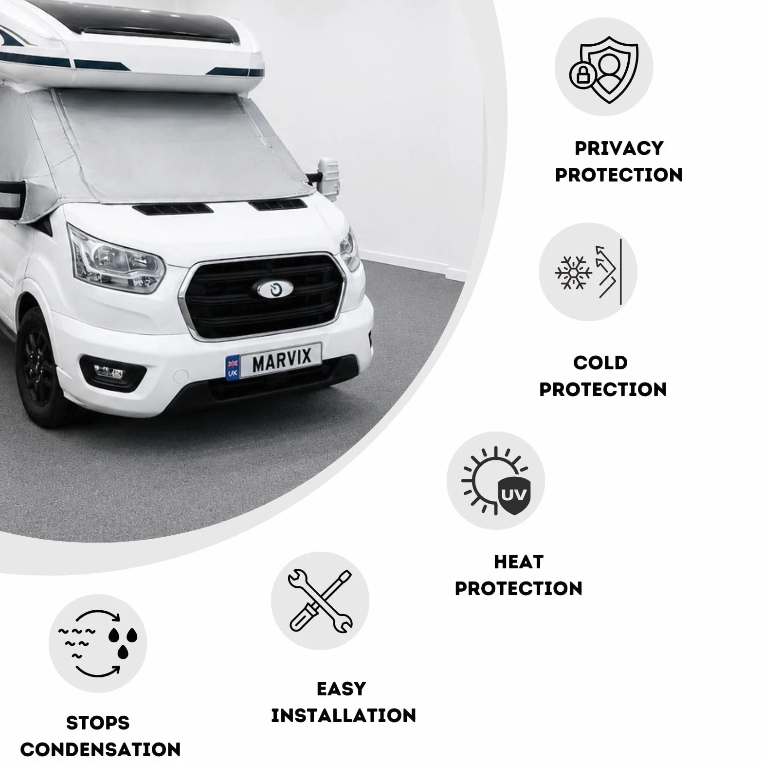 Mata Termiczna Izolacyjna Zewnętrzna na Przednią Szybę do Kampera Wykonana z 8 mm Wielowarstwowego Materiału Przeznaczona do Samochodu Ford Transit wyprodukowanego po 2015 roku.
