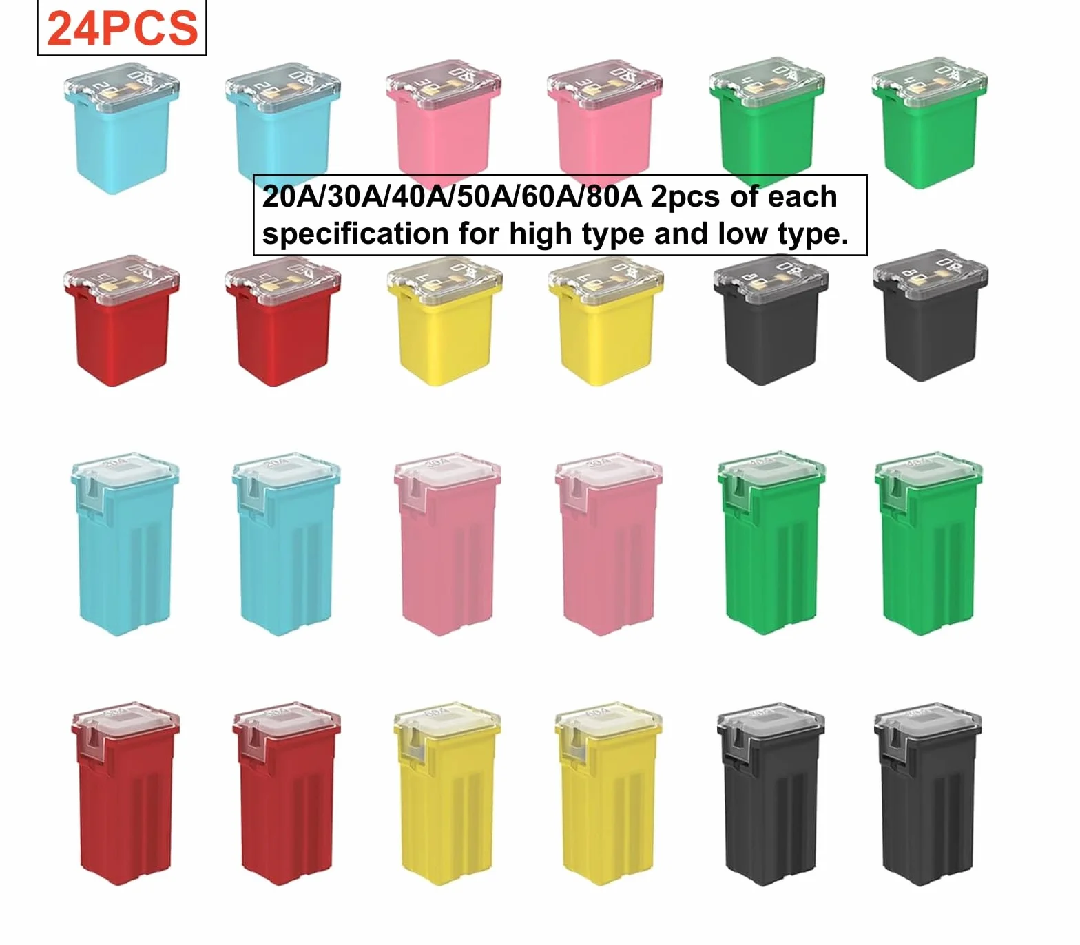 24 sztuk Jcase bezpiecznik blokowy niski i wysoki profil bezpiecznik samochodowy 20A/30A/40A/50A/60A/80A, mikro bezpieczniki samochodowe, do pickupów, samochodów osobowych i SUV-ów