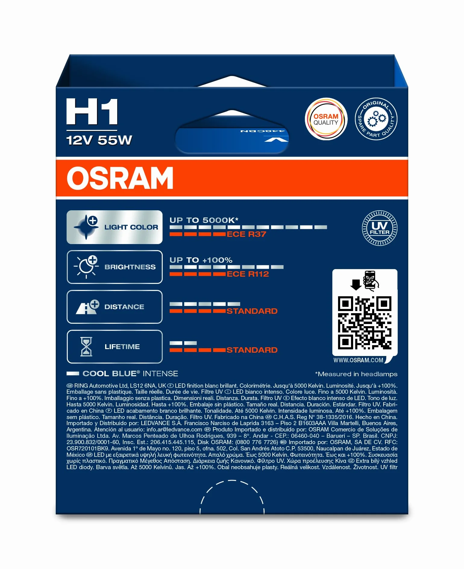 OSRAM COOL BLUE INTENSE H1, +100% più luminosa, fino a 5000K, lampada alogena, look LED, box duo (2 lampade)