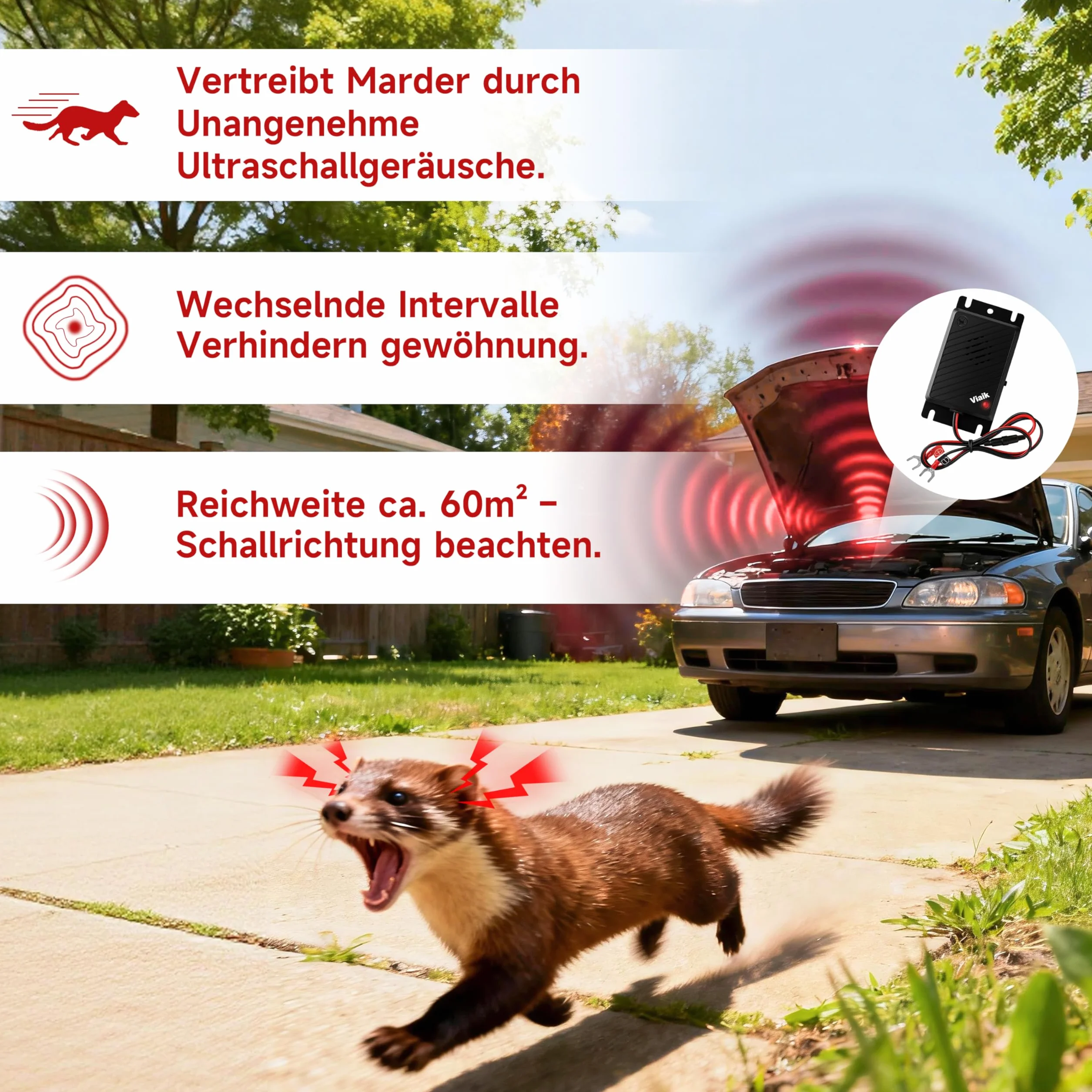 Ultradźwiękowy Odstraszacz Kun do Samochodu – Bezpośrednie Podłączenie do Akumulatora 12V – Skuteczna Ochrona Przed Gryzoniami i Kunami