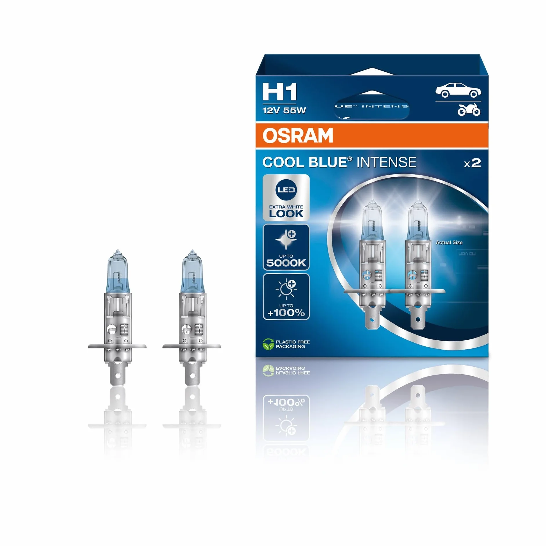 OSRAM COOL BLUE INTENSE H1, +100% più luminosa, fino a 5000K, lampada alogena, look LED, box duo (2 lampade)
