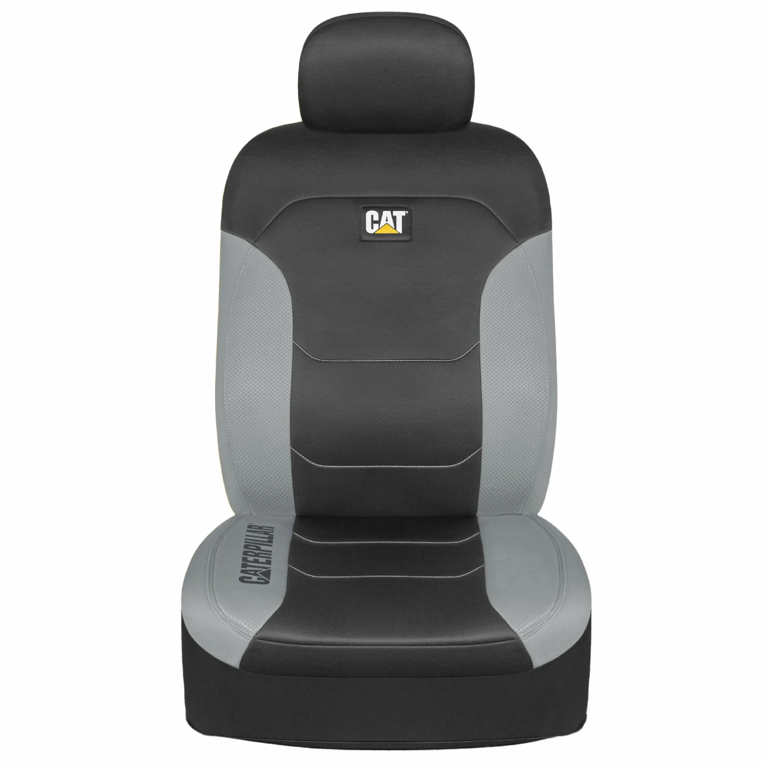 Caterpillar Flexfit Pokrowce na siedzenia samochodowe do samochodów ciężarowych i SUV-ów (zestaw 2 szt.) – czarne pokrowce na przednie siedzenia, ochraniacze na siedzenia samochodowe z szarym