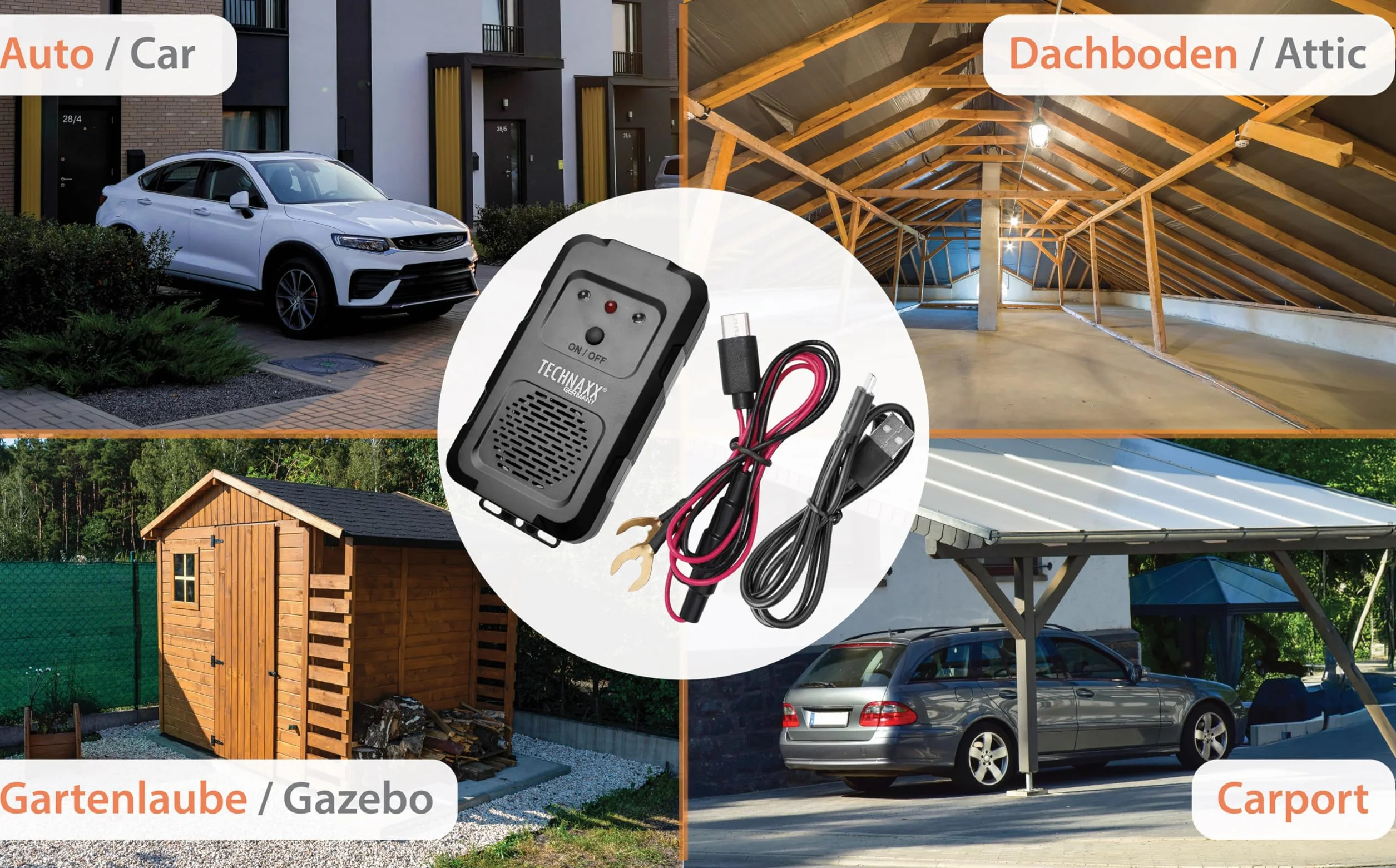 Technaxx Ultradźwiękowy odstraszacz kuny i gryzoni TX-368 z lampą błyskową LED, częstotliwość 12-24 kHz, zasięg 20 m², akumulator lub prąd 12 V, odstraszacz szkodników do samochodu, wiatru, wiaty i