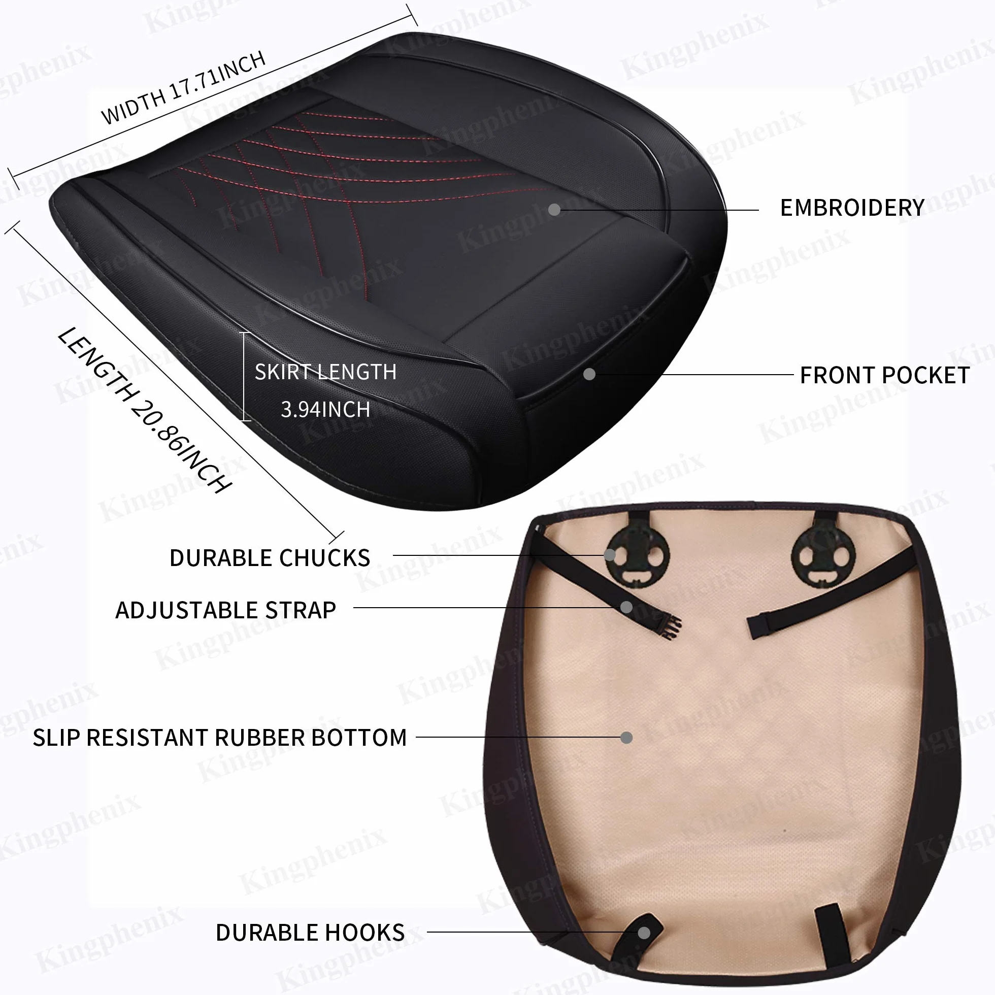 kingphenix Pokrowiec na fotel samochodowy Premium PU - ochraniacz na przednie siedzenie pasuje do 95% pojazdów - wyściełany, antypoślizgowy, pełne wykończenie krawędzi - (wymiary: 53 cm x 52 cm) - 1