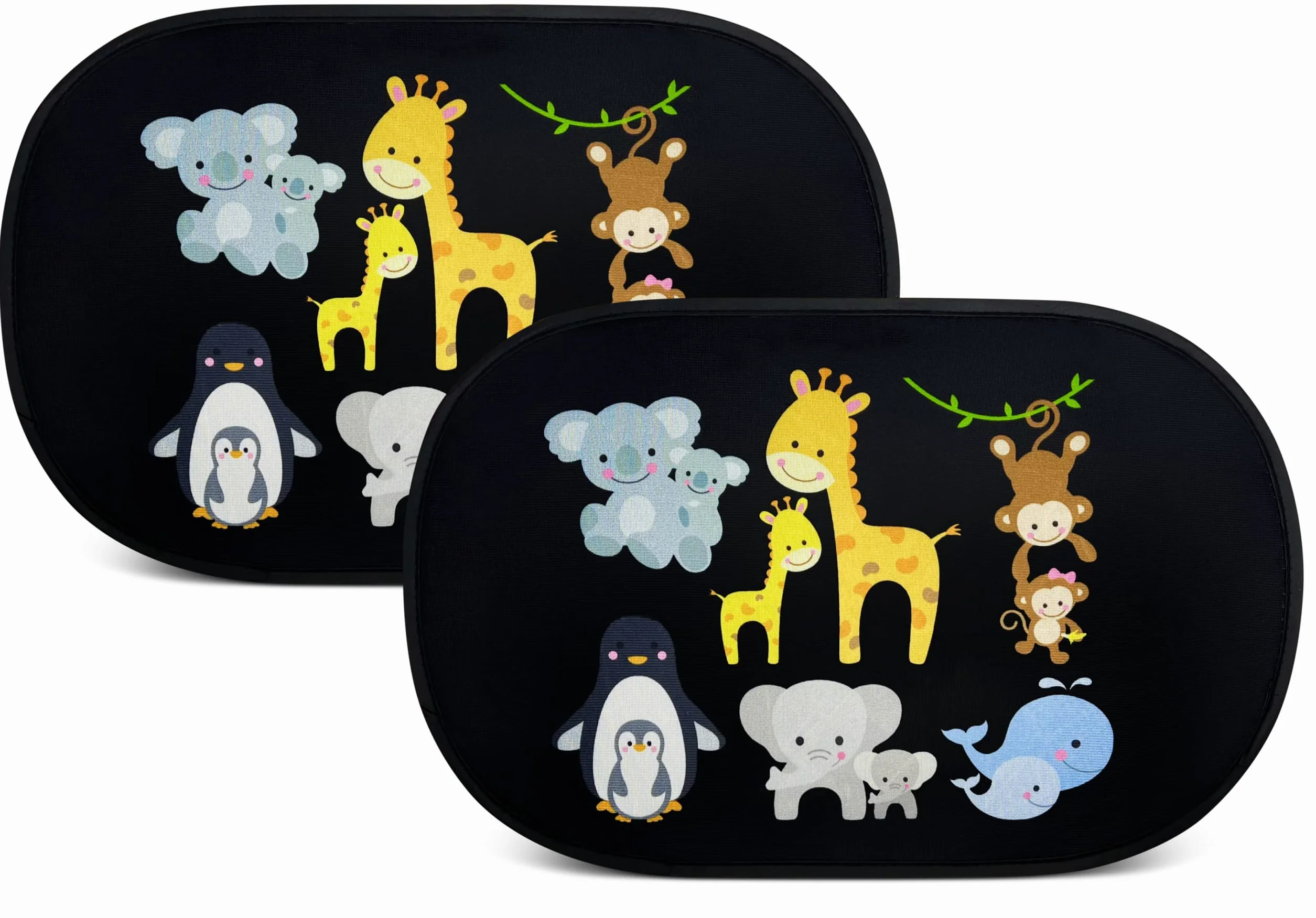 HECKBO 2 x samochodowa osłona przeciwsłoneczna z 8 przyssawkami – małe zwierzęta z mamą – 48 x 31 cm – na okno boczne do samochodu, osłona przeciwsłoneczna na szybę boczną – z kieszenią – dla