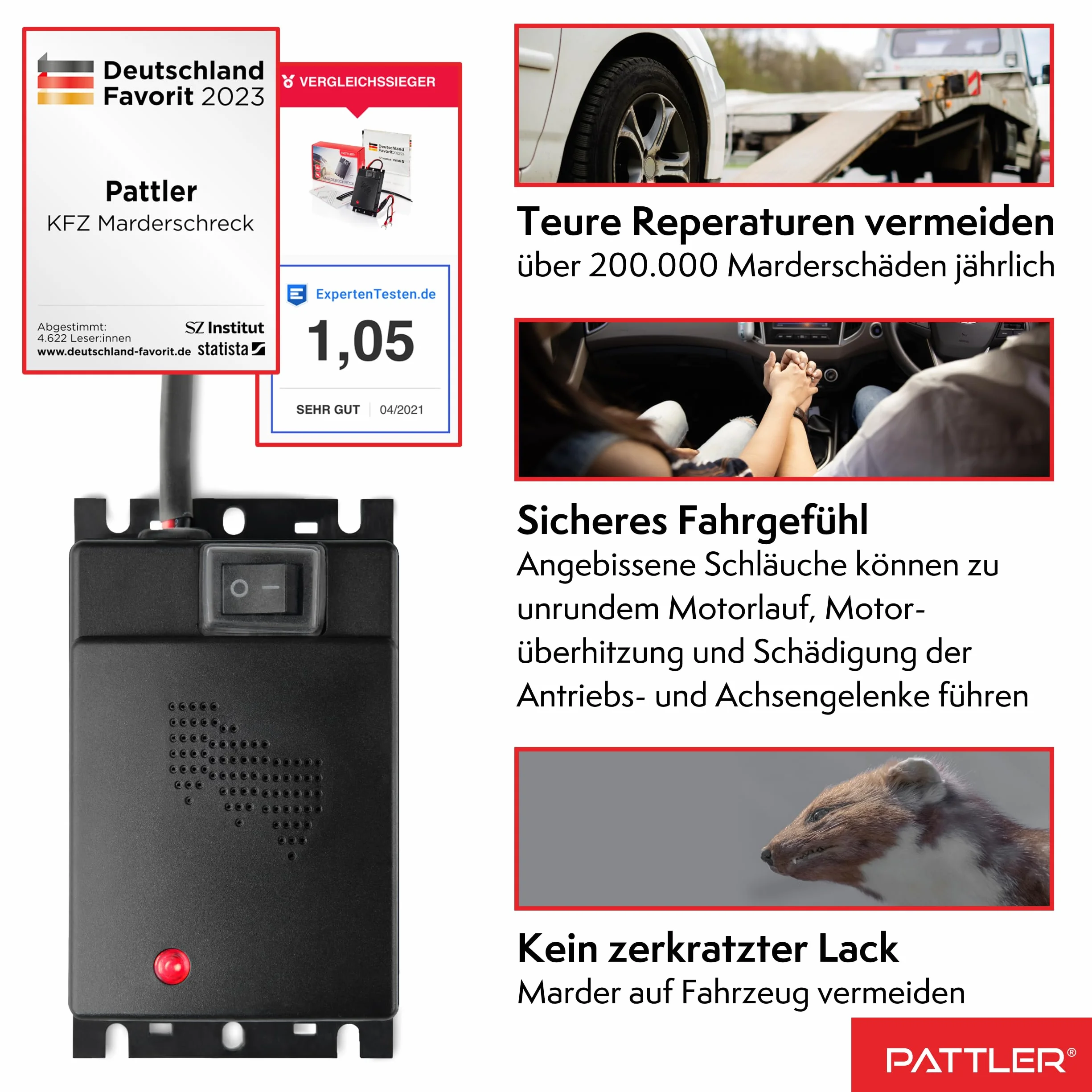 PATTLER® Samochodowy odstraszacz kun - ultradźwiękowy odstraszacz kun. Podłączenie do akumulatora samochodowego 12 V. Natychmiastowa i długotrwała ochrona przed kunami w komorze silnika