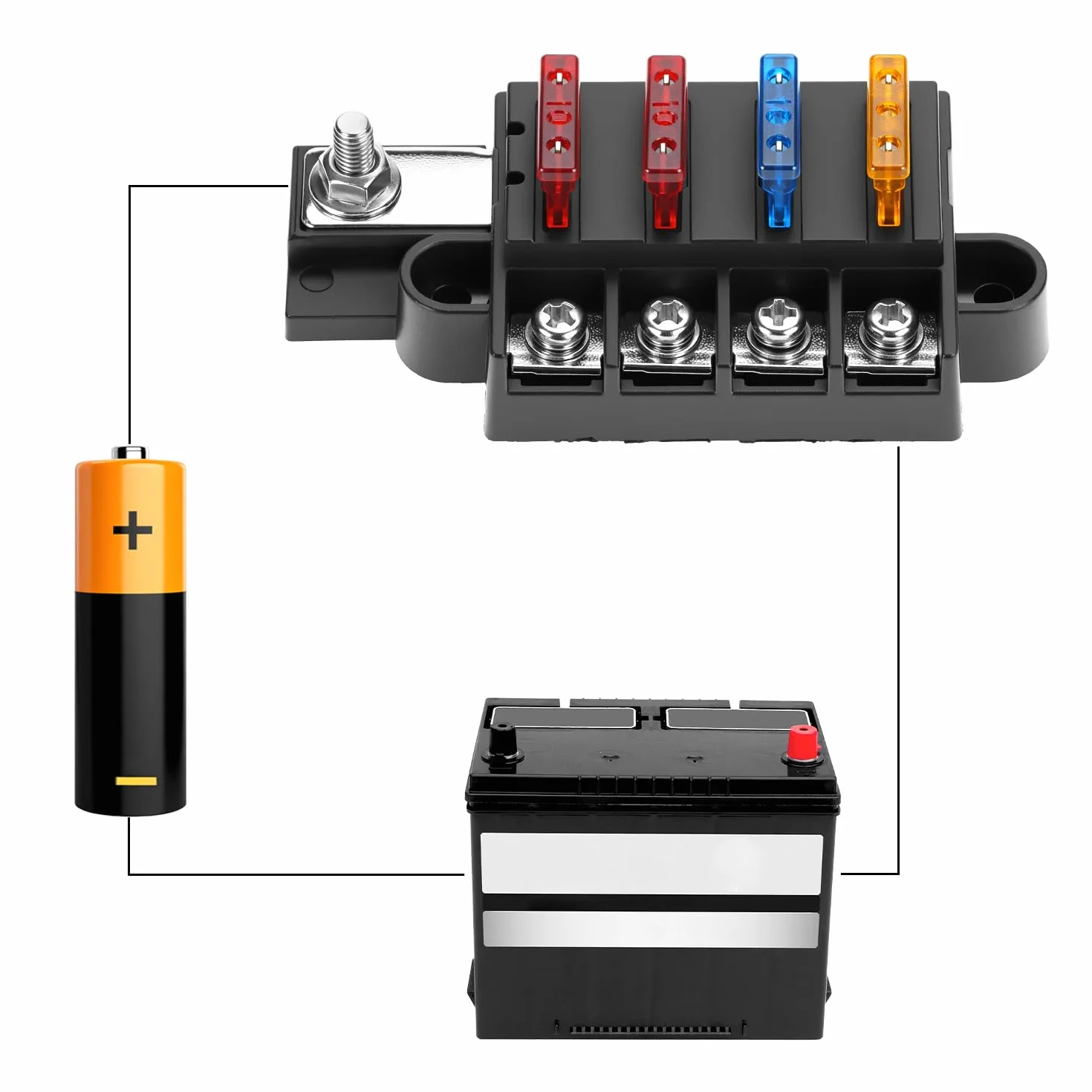 QWORK® 4 bezpieczniki, skrzynka bezpiecznikowa 12 V z 4 bezpiecznikami i śrubami, do samochodu, łodzi, ciężarówki i kampera