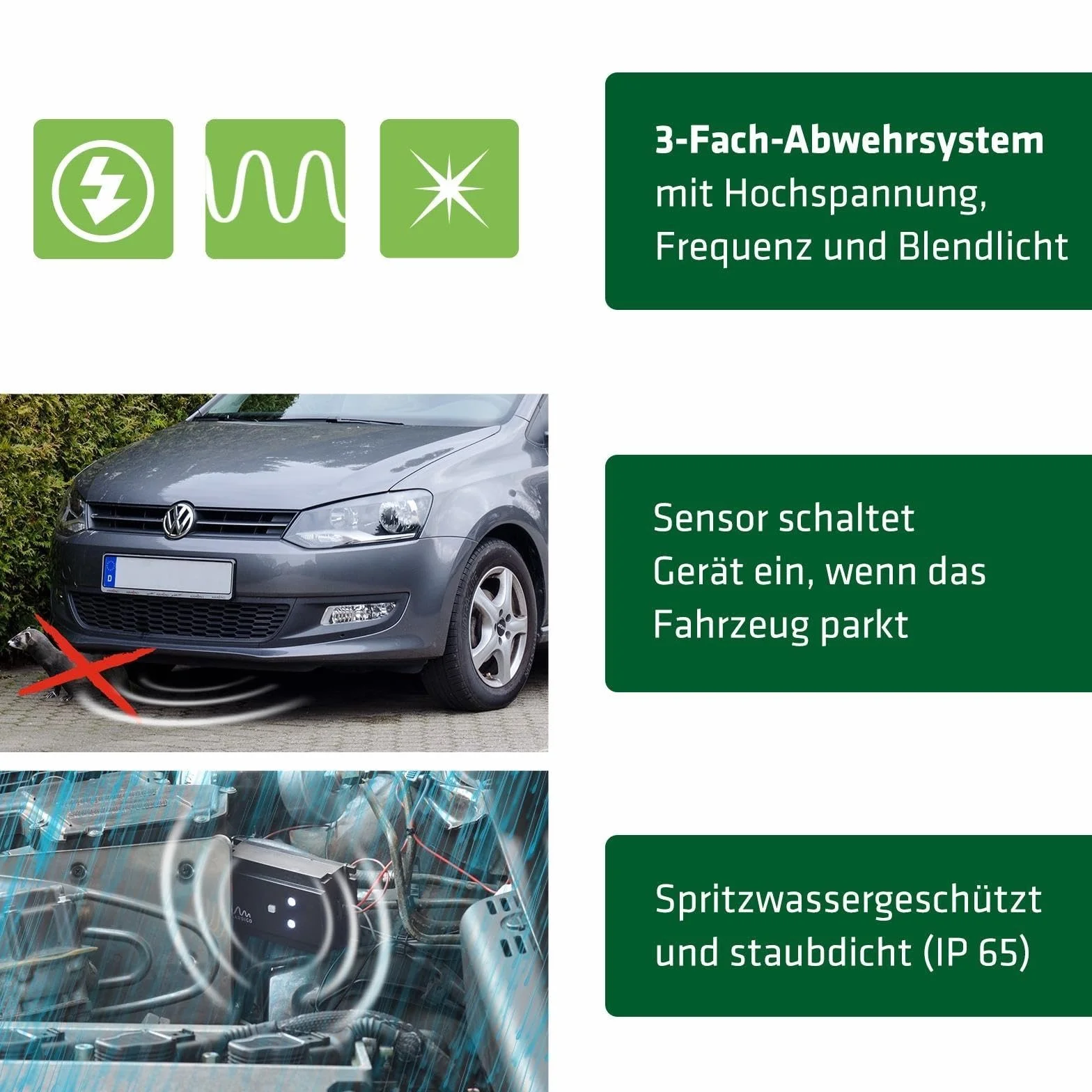 GARDIGO® samochód odstraszający porażenie prądem przed kunami | Potrójna obrona kuny poprzez ultradźwiękowe światło błyskowe i porażenie prądem Ochrona przed kunami w komorze silnika | IP65 | Podłącze