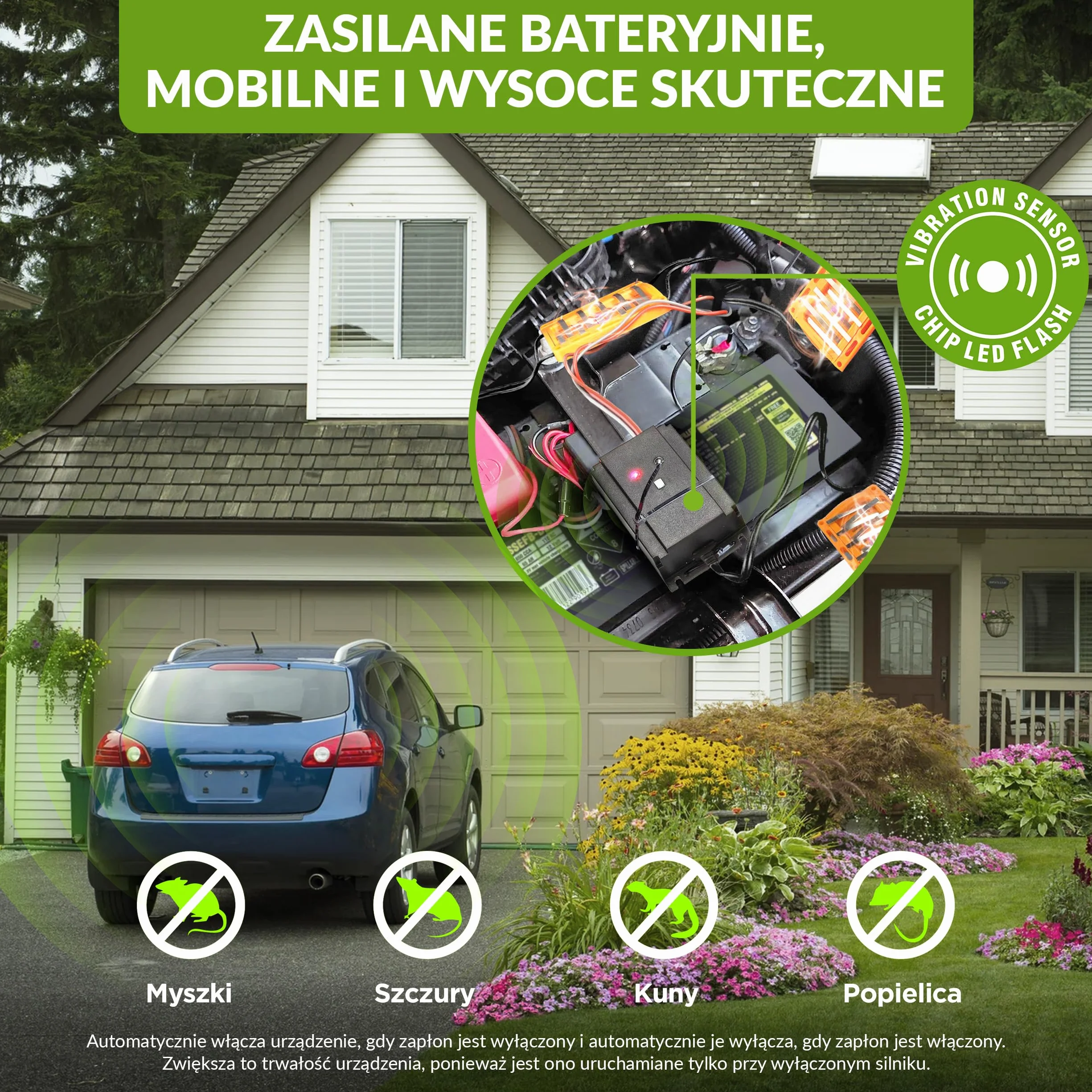 ISOTRONIC® Ultradźwiękowy i wysokonapięciowy odstraszacz myszy, szczurów i kun, 12V zasilany z akumulatora samochodowego, migające światło LED do odstraszania kun, ochrona przed myszami i szczurami do