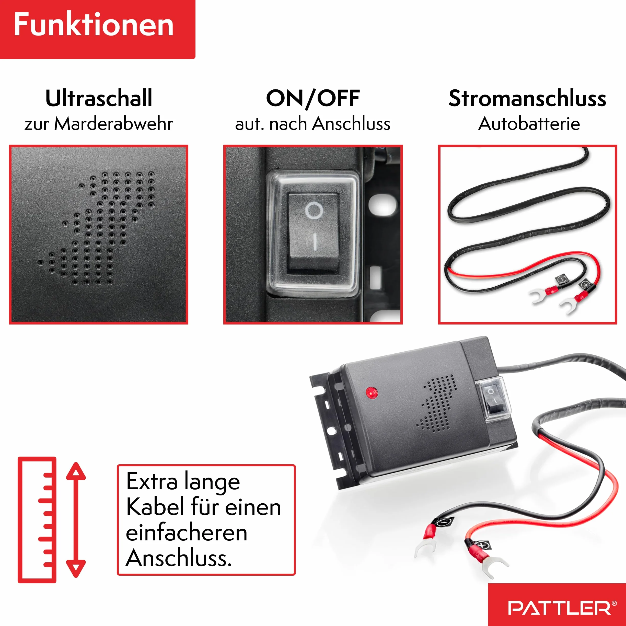 PATTLER® Samochodowy odstraszacz kun - ultradźwiękowy odstraszacz kun. Podłączenie do akumulatora samochodowego 12 V. Natychmiastowa i długotrwała ochrona przed kunami w komorze silnika