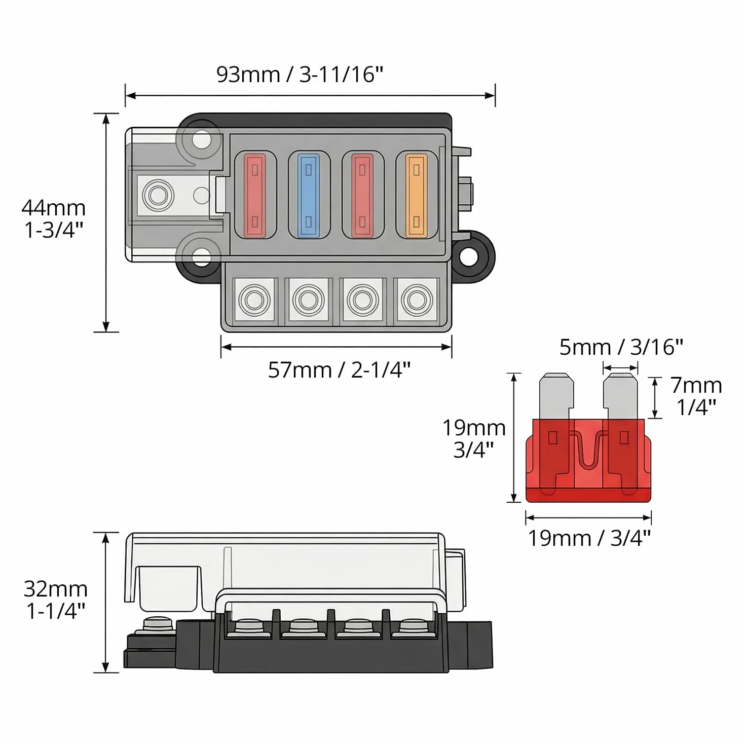 QWORK® 4 bezpieczniki, skrzynka bezpiecznikowa 12 V z 4 bezpiecznikami i śrubami, do samochodu, łodzi, ciężarówki i kampera