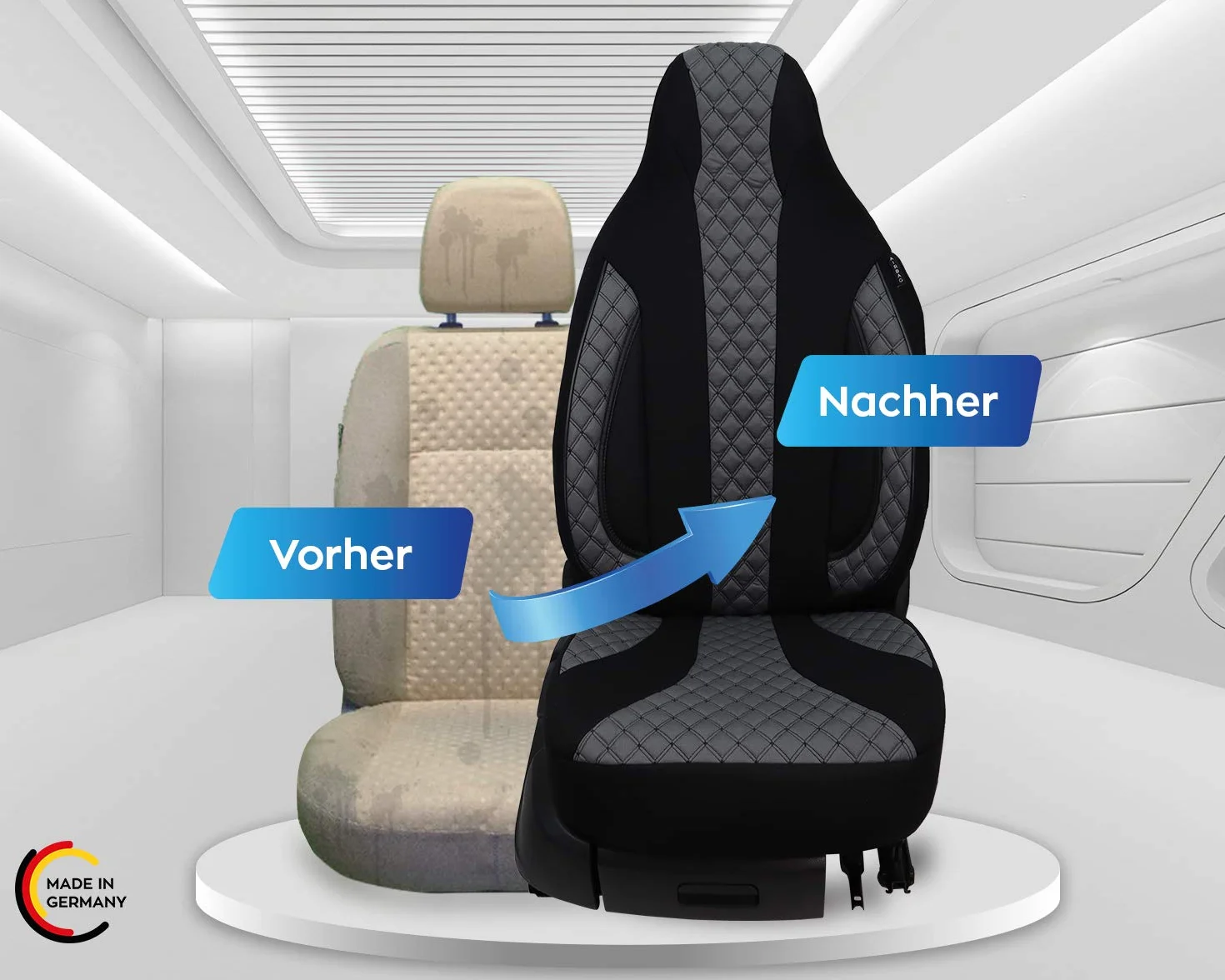 Pokrowce na siedzenia na wymiary, pokrowce ochronne na siedzenia kierowcy i pasażera, zestaw do samochodów kempingowych FIAT Ducato, Pössl, Knaus, Adria, Carthago, Pilote Laika WPL401, czarne/szare