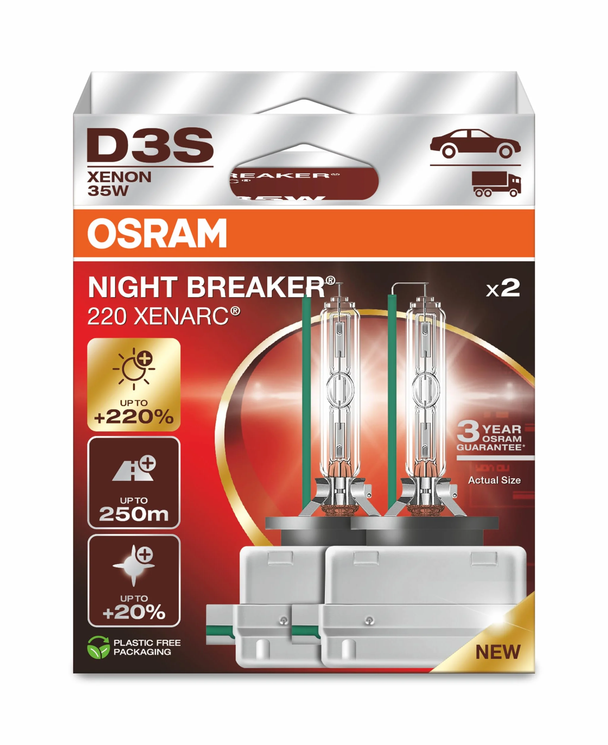 OSRAM XENARC NIGHT BREAKER 220, D3S, +220% większa jasność, lampa reflektora ksenonowego, 66340XN2-2HB, pudełko składane (2 lampy)