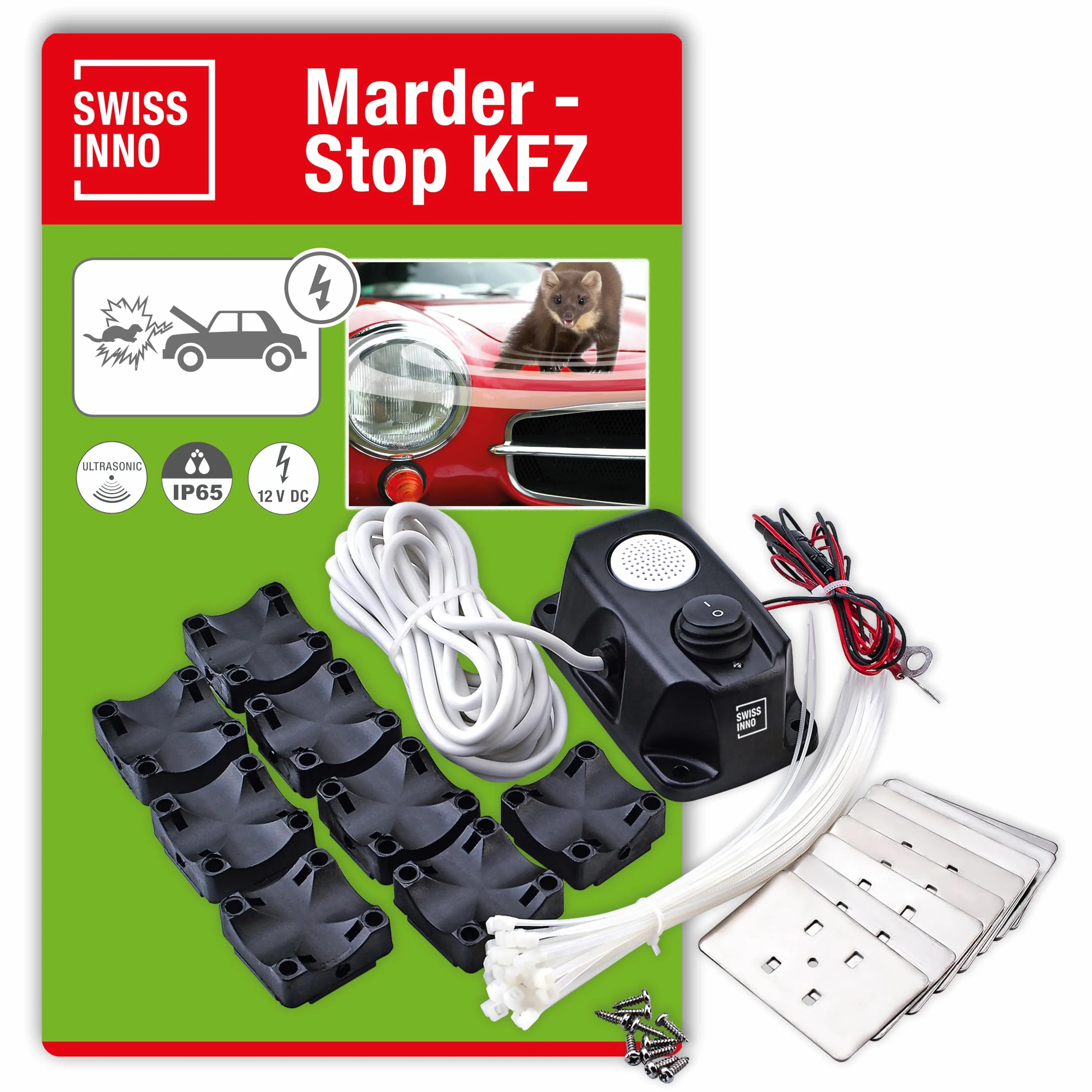 SWISSINNO MarderStop Samochodowy odstraszacz kun 12V – Ultradźwięki + płyty wysokiego napięcia – LED kontrolna – Niski pobór prądu – IP65 – Ochrona komory silnika i przewodów