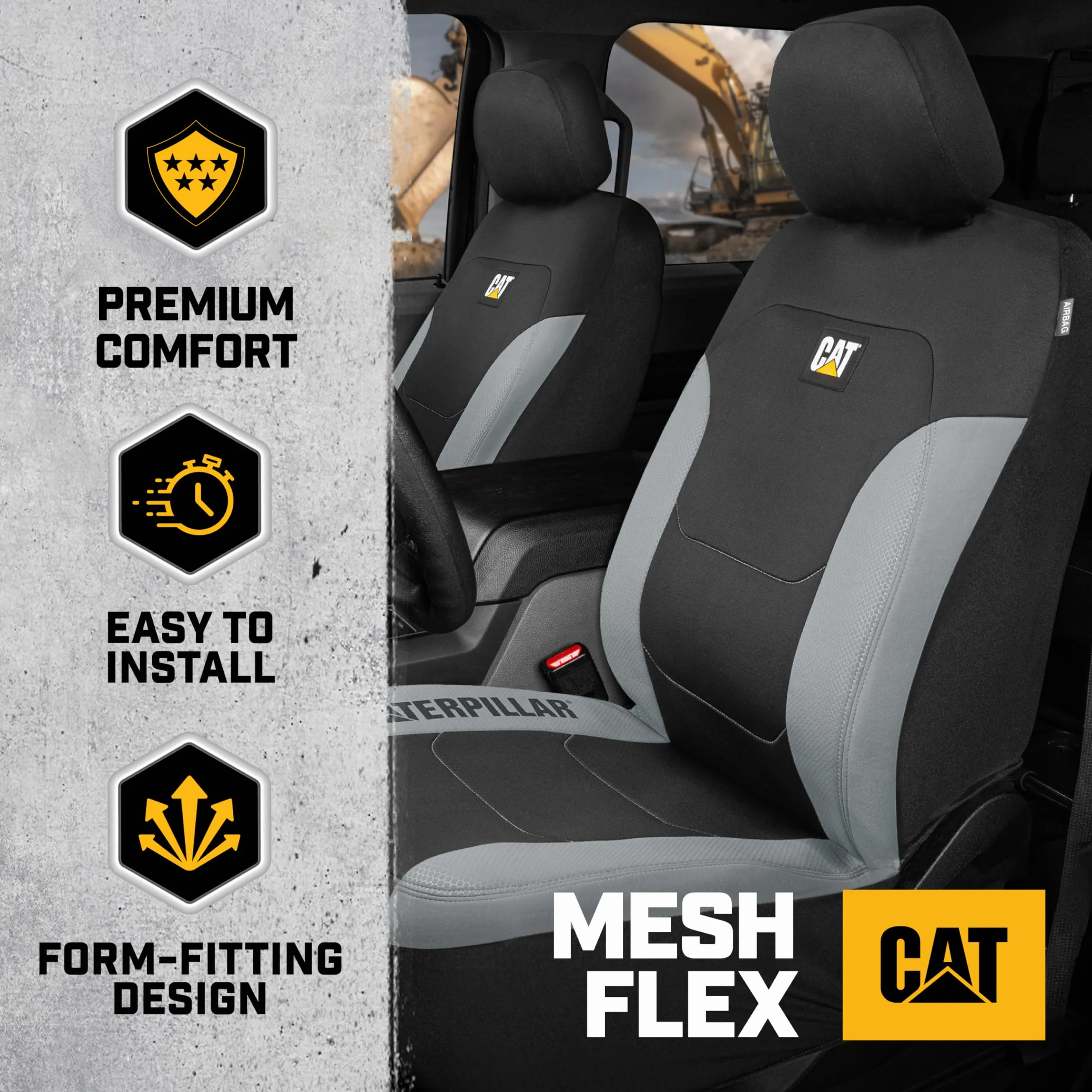 Caterpillar Flexfit Pokrowce na siedzenia samochodowe do samochodów ciężarowych i SUV-ów (zestaw 2 szt.) – czarne pokrowce na przednie siedzenia, ochraniacze na siedzenia samochodowe z szarym