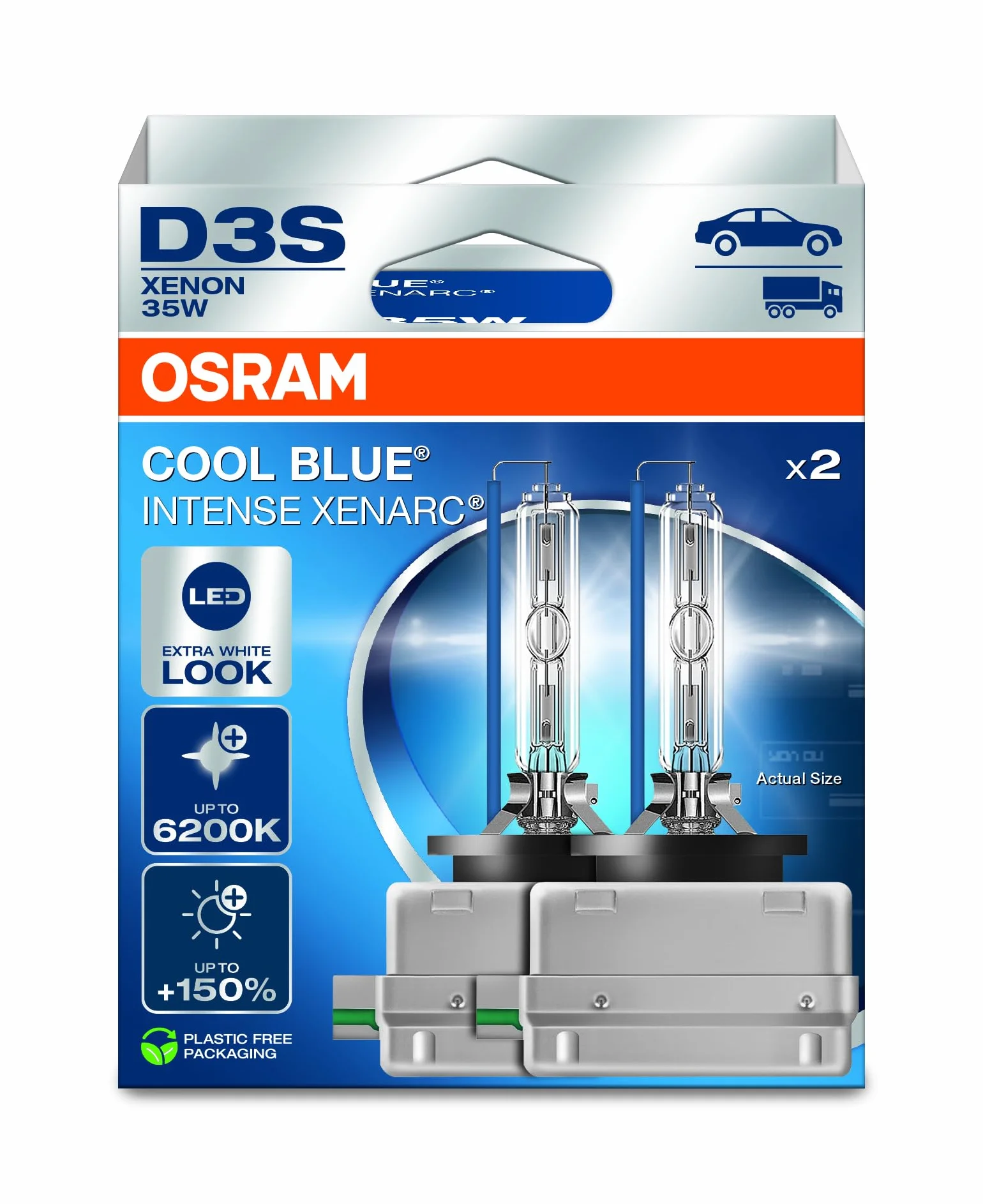 OSRAM XENARC COOL BLUE INTENSE D3S, 150% większa jasność, do 6200 K, ksenonowe reflektory, wygląd LED, składane pudełko wiszące (2 lampy)