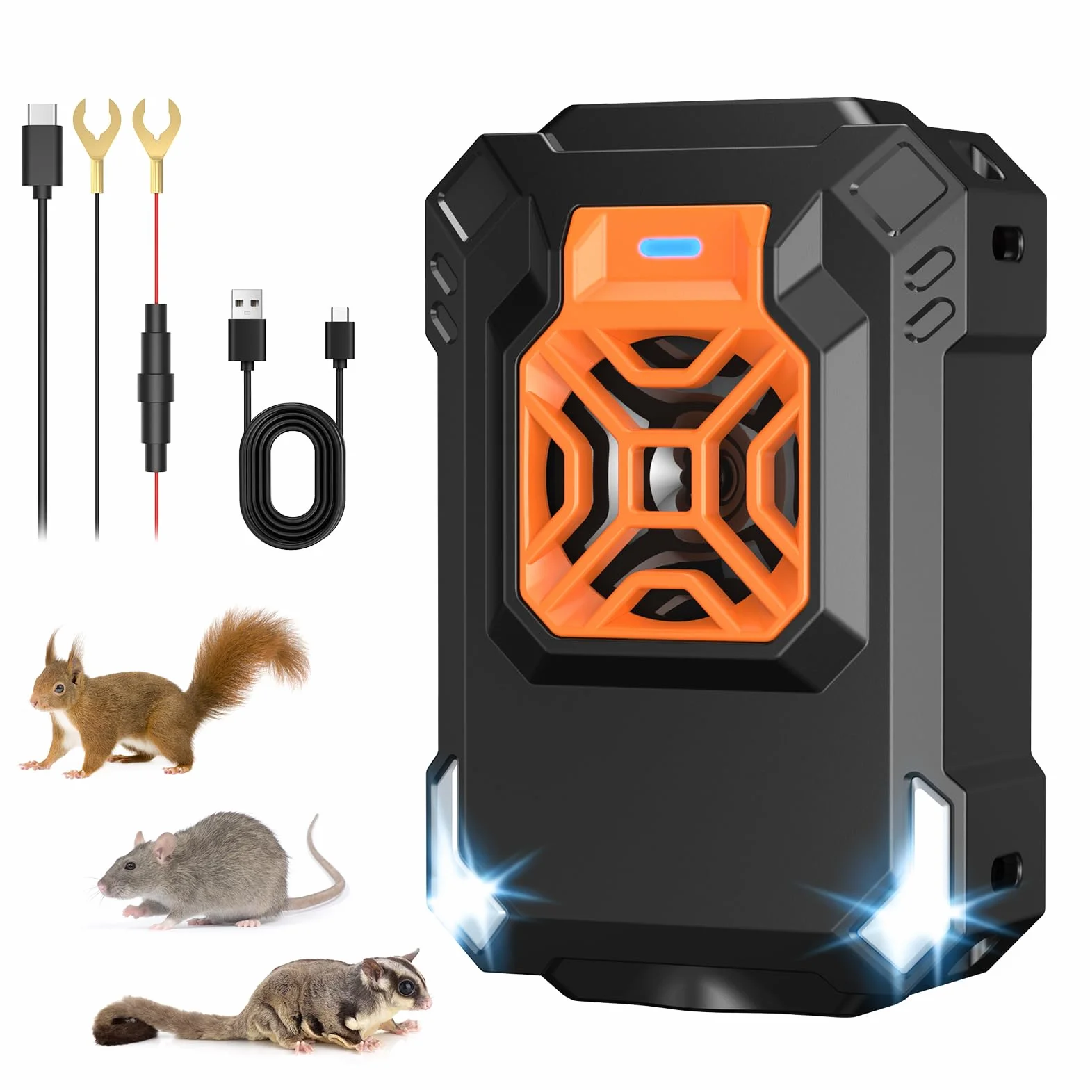 Odstraszacz kun do samochodu, Ultradźwięki, zasilanie 12V z akumulatora samochodowego i zasilanie USB, odstraszacz zwierząt i myszy, wyposażony w diodowe migające światło ostrzegawcze (Czarny)