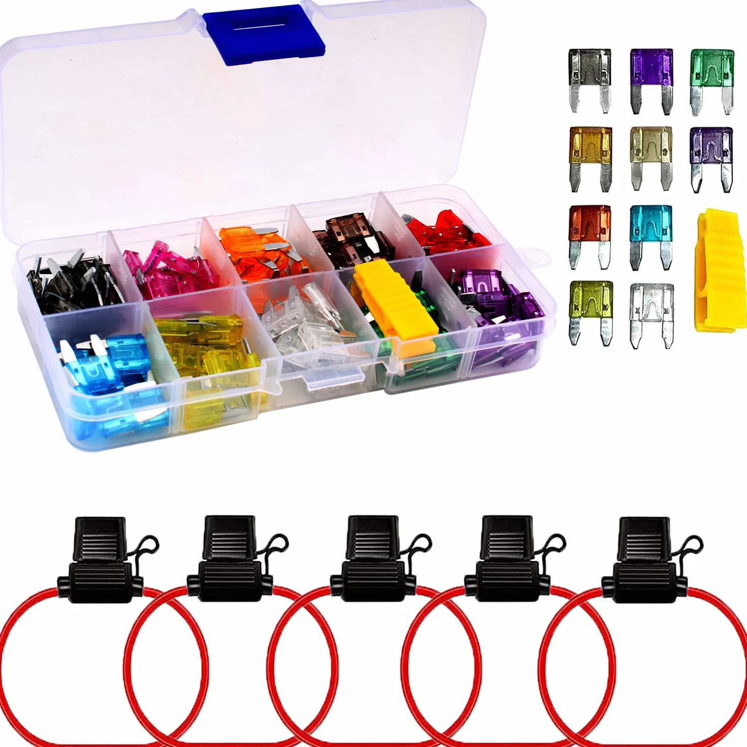 RUNCCI-YUN 120 sztuk mini bezpieczników samochodowych 12 V-24 V, mały bezpiecznik ostrzowy, bezpiecznik ostrzowy 2A/3A/5A/7,5A/10A/15A/20A/25A/30A/35A+5 szt. 12 V Uchwyt bezpiecznika ostrza do