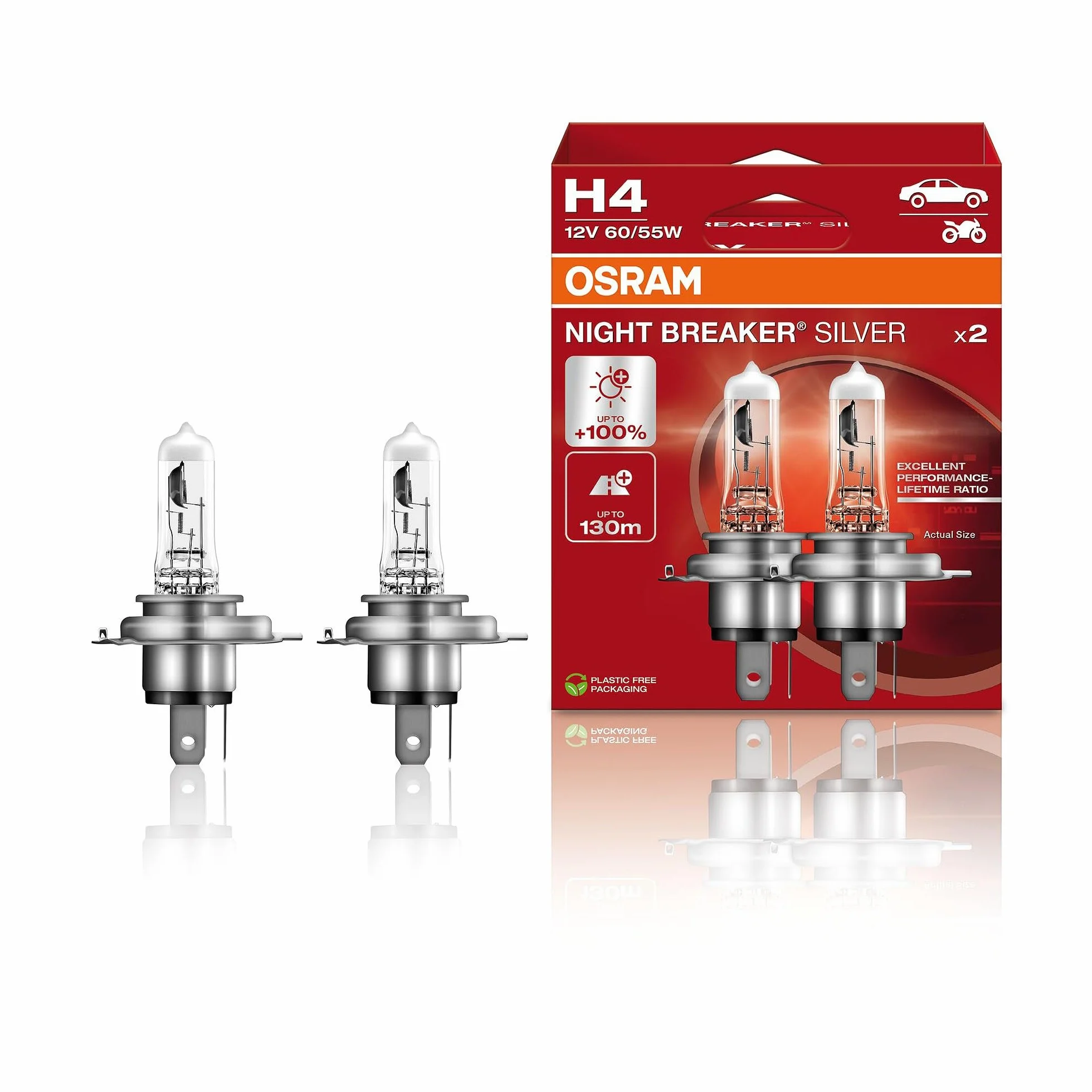 OSRAM NIGHT breaker SILVER, H4, reflektory halogenowe, składane pudełko wiszące (2 lampy)