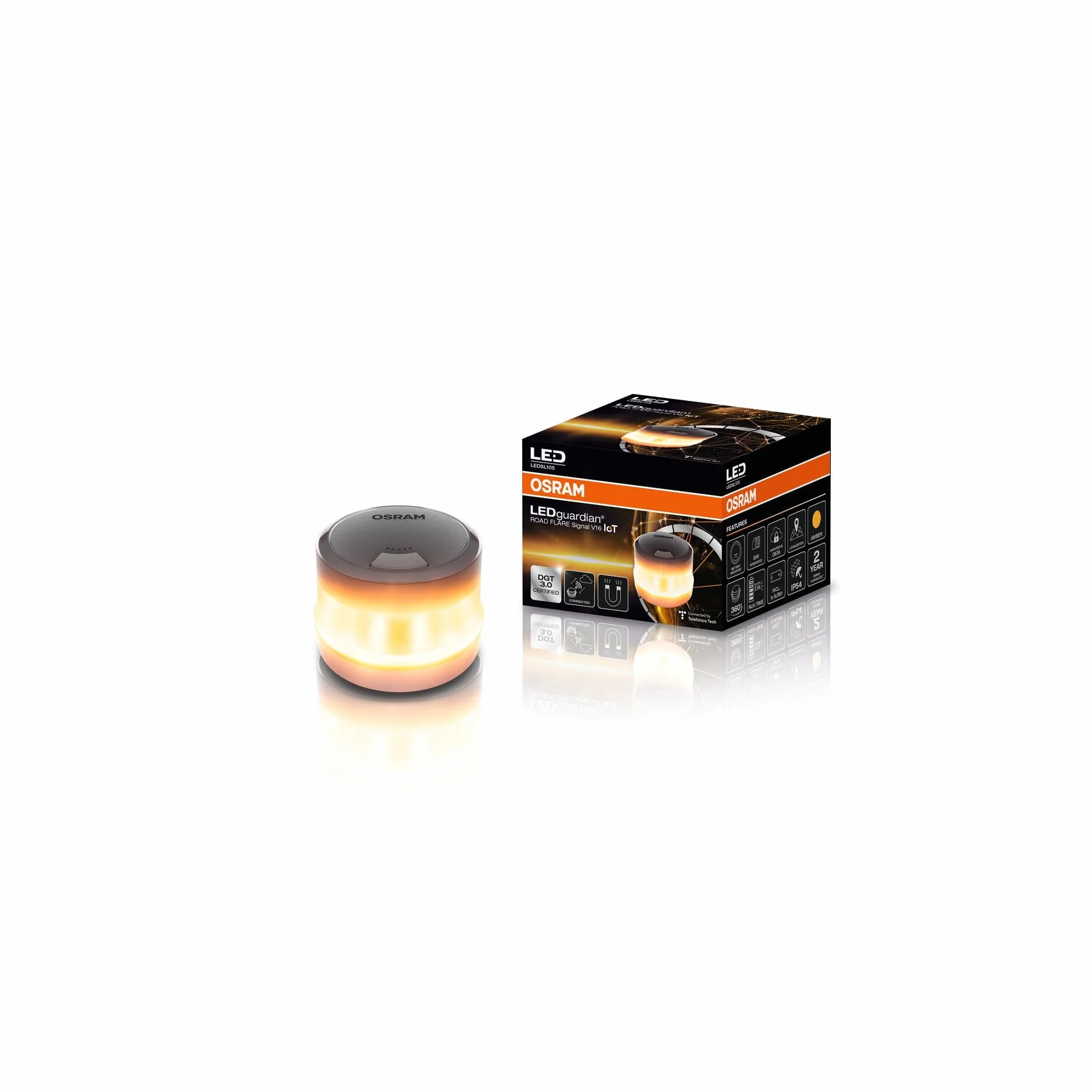 OSRAM LEDguardian ROAD FLARE Signal V16 IoT, certyfikowana lampa ostrzegawcza LED DGT 3.0, obowiązkowe stosowanie w Hiszpanii, 1900K, lokalizacja w czasie rzeczywistym