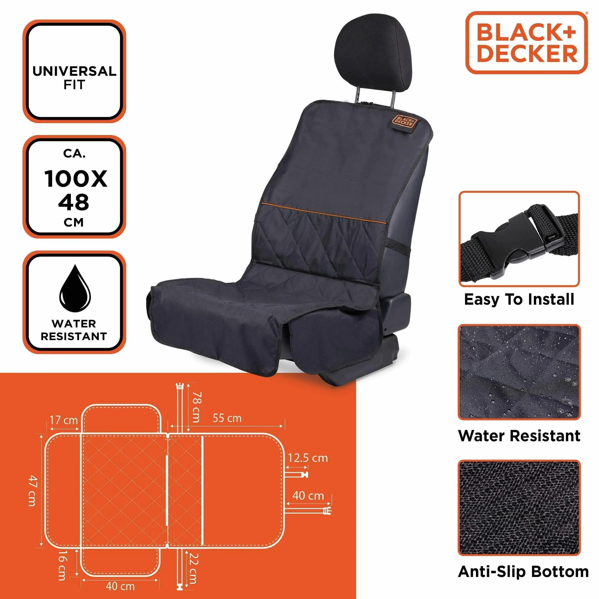 Black+Decker Pokrowiec na fotel samochodowy – uniwersalny – antypoślizgowy spód – odporny na działanie wody – czarny