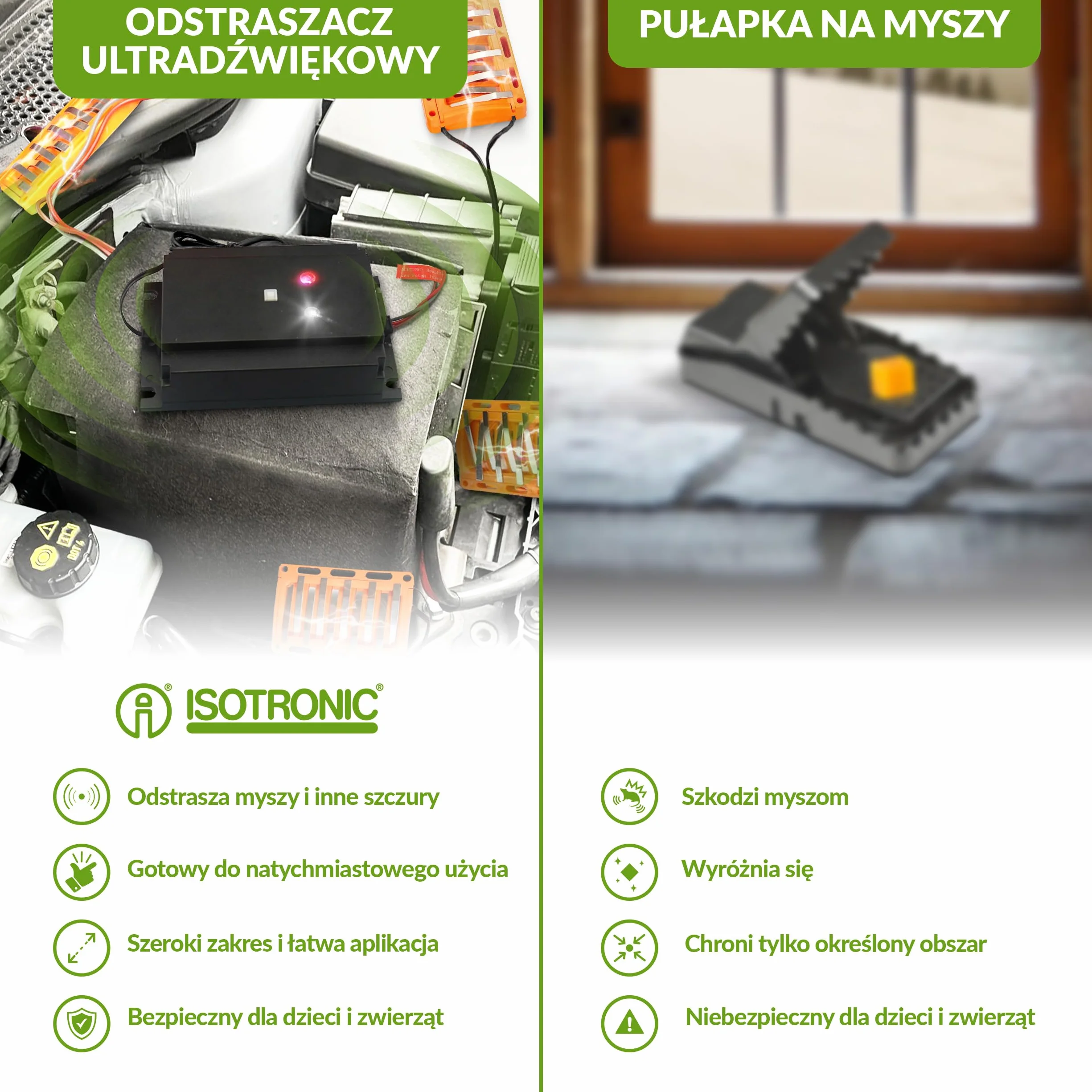 ISOTRONIC® Ultradźwiękowy i wysokonapięciowy odstraszacz myszy, szczurów i kun, 12V zasilany z akumulatora samochodowego, migające światło LED do odstraszania kun, ochrona przed myszami i szczurami do