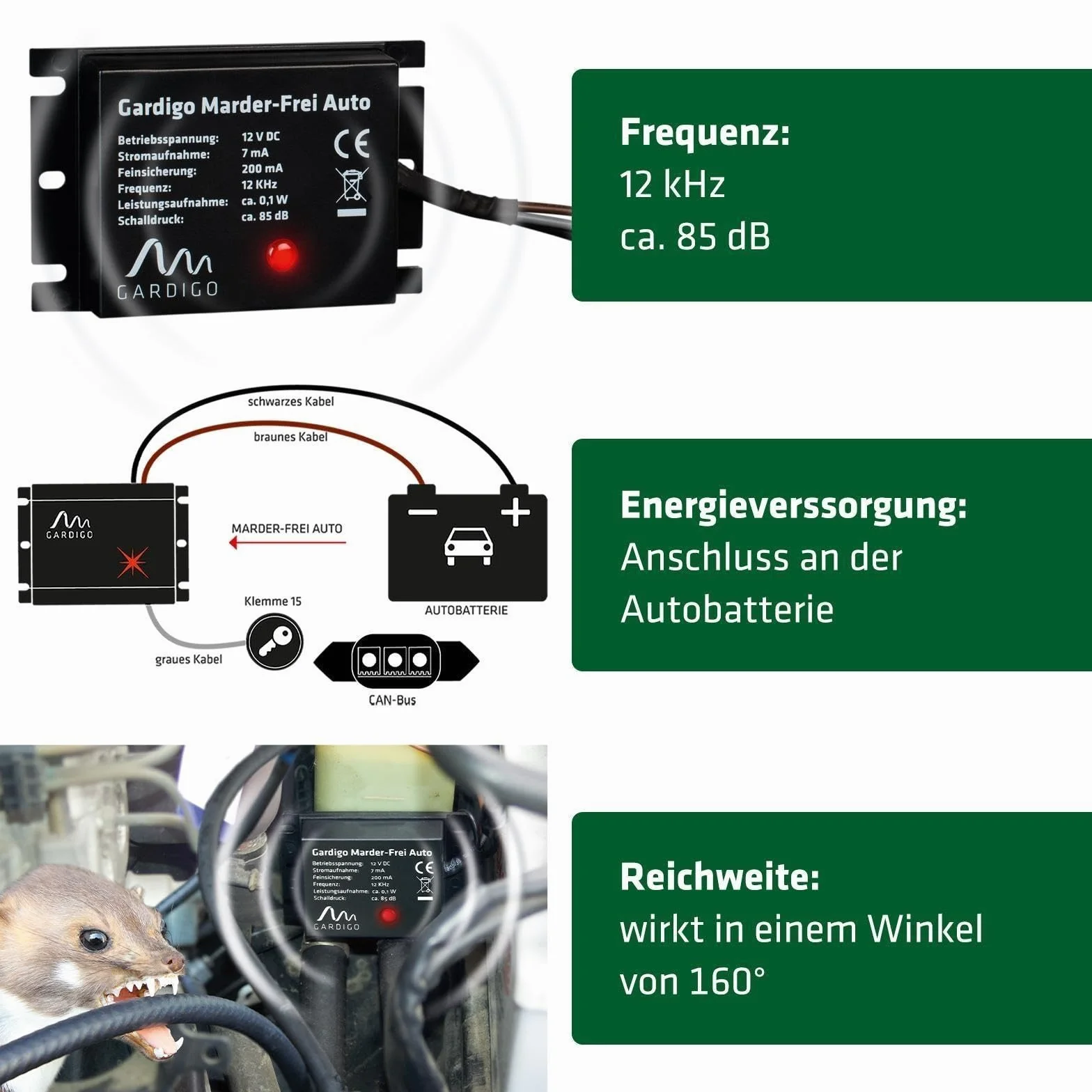 Gardigo® Samochodowy odstraszacz kun, 25 lat doświadczenia, podłączenie do akumulatora samochodowego 12 V, ochrona przed kunami